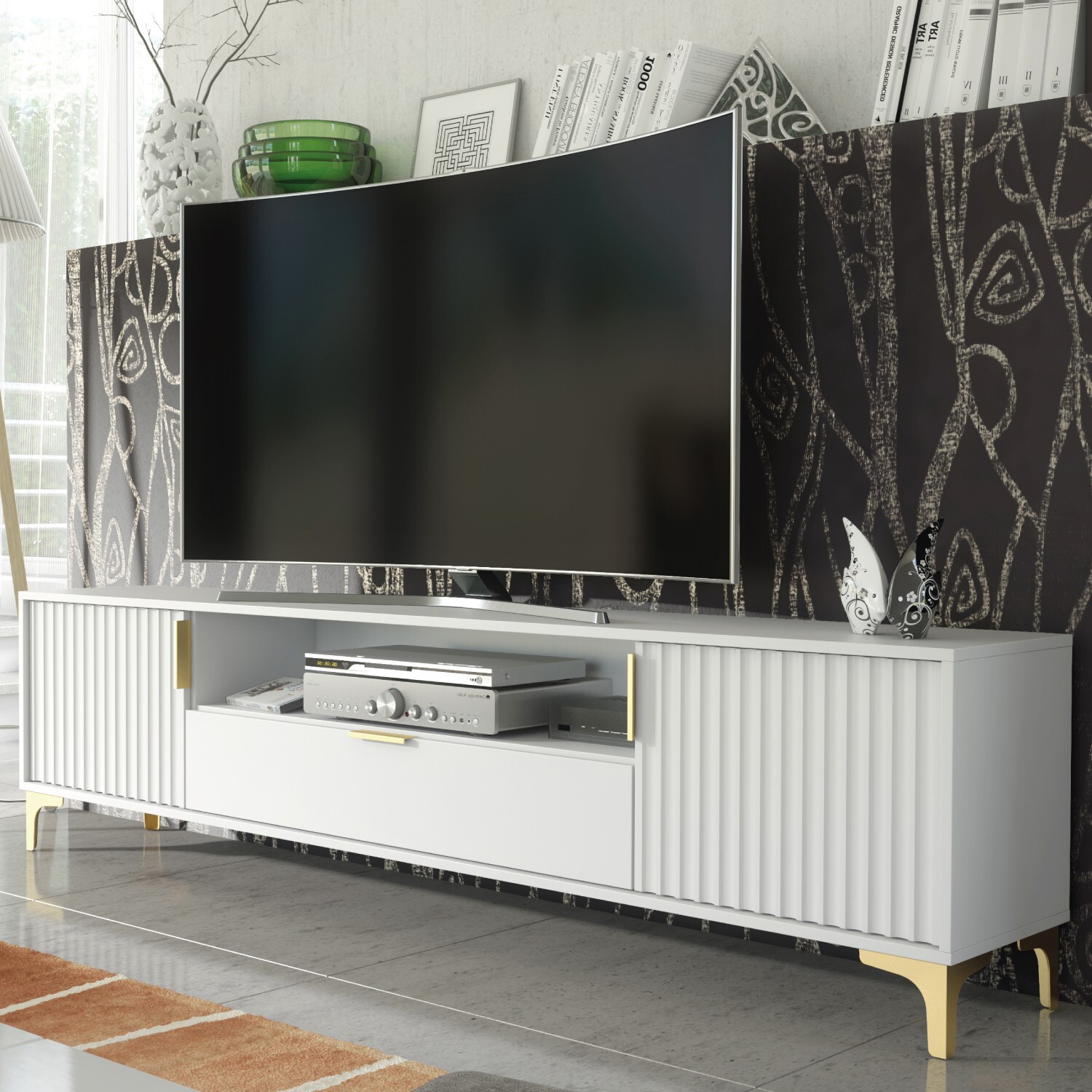 Mex Furniture Ltd Tide Crest Wide Tv - White With Fluted Doors