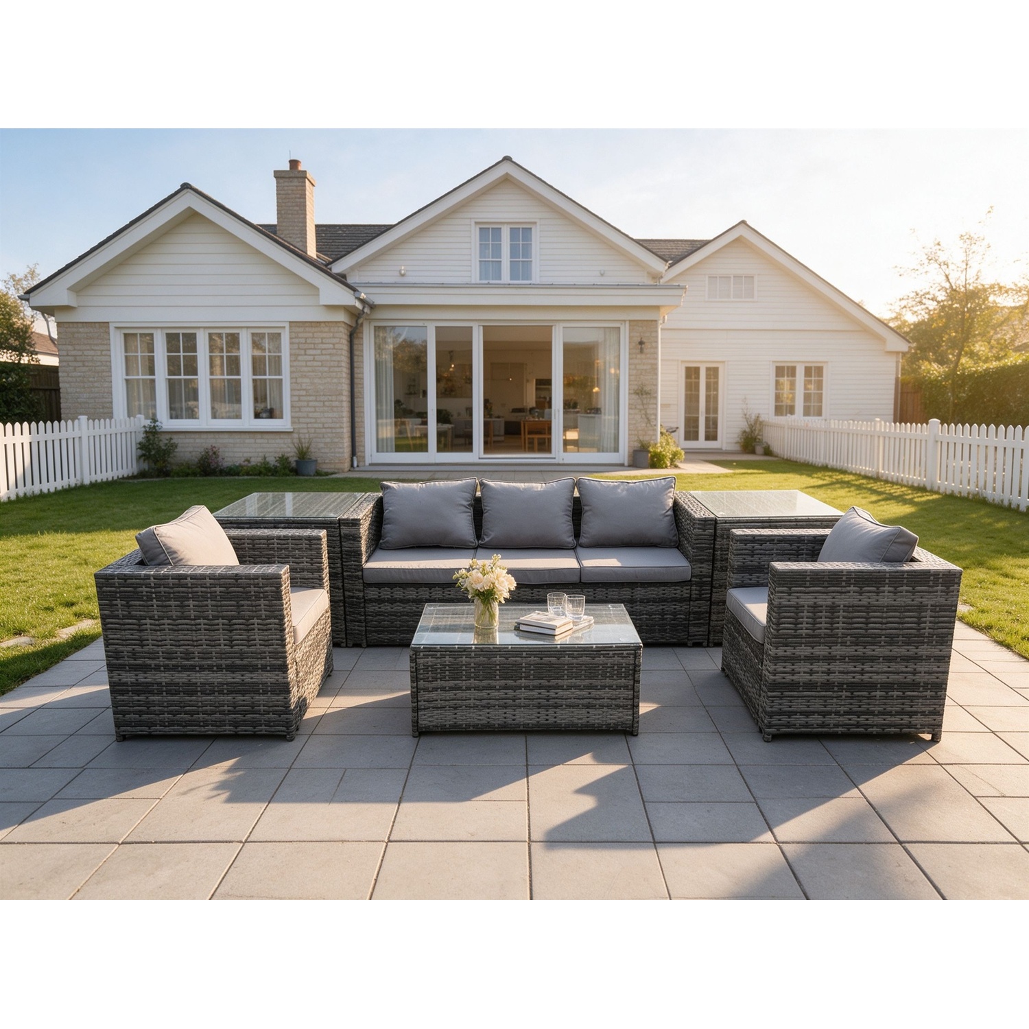 Rackhams Dark/Grey Rattan Garden Furniture Set With 3 Seater Sofa Coffee Table 2 Side Tables 2 Armchairs Indoor Outdoor Patio Lounge Sofa Set Mixed - Image 2
