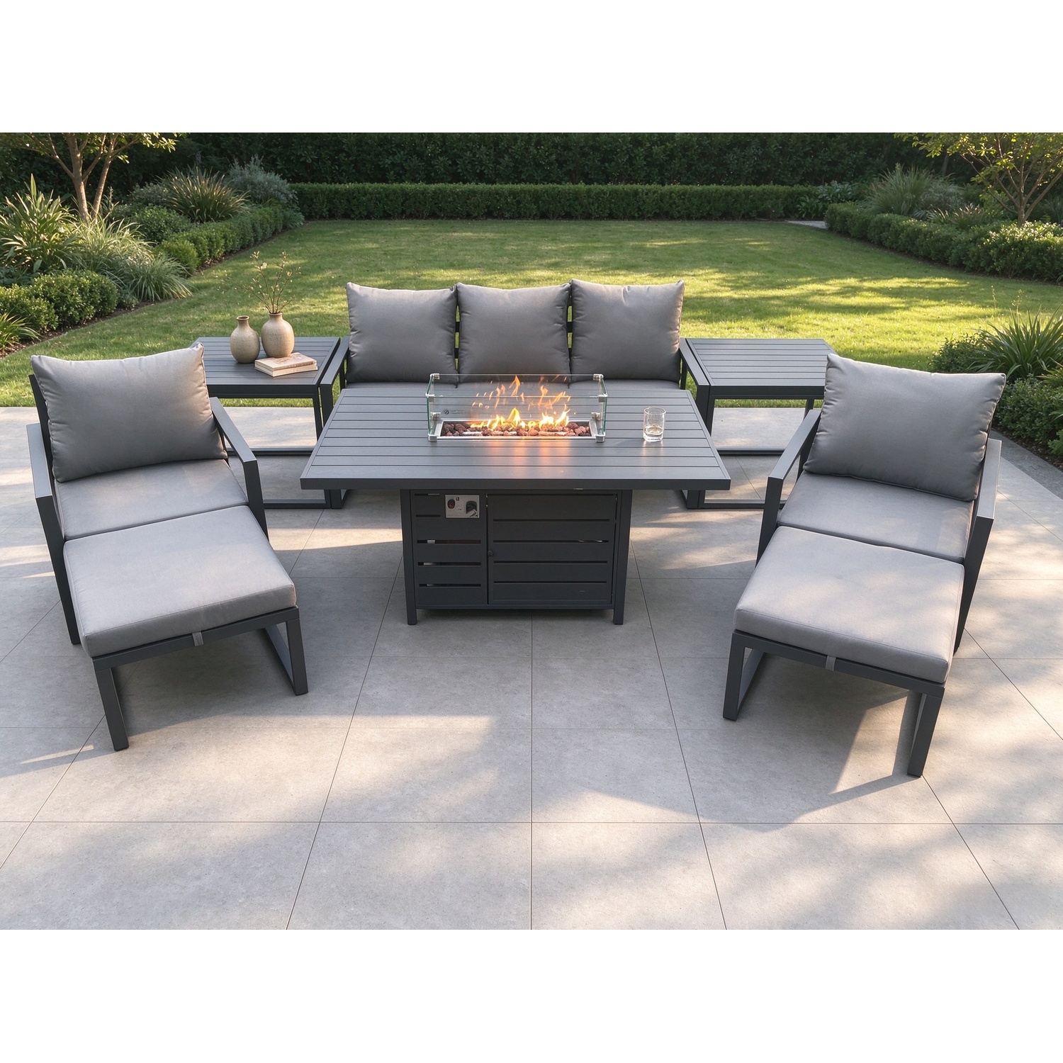 Fimous Aluminium Patio Outdoor Garden Furniture Lounge Sofa Set Gas Fire Pit Dining Table With 2 2 Big Footstools Dark Grey - Image 3