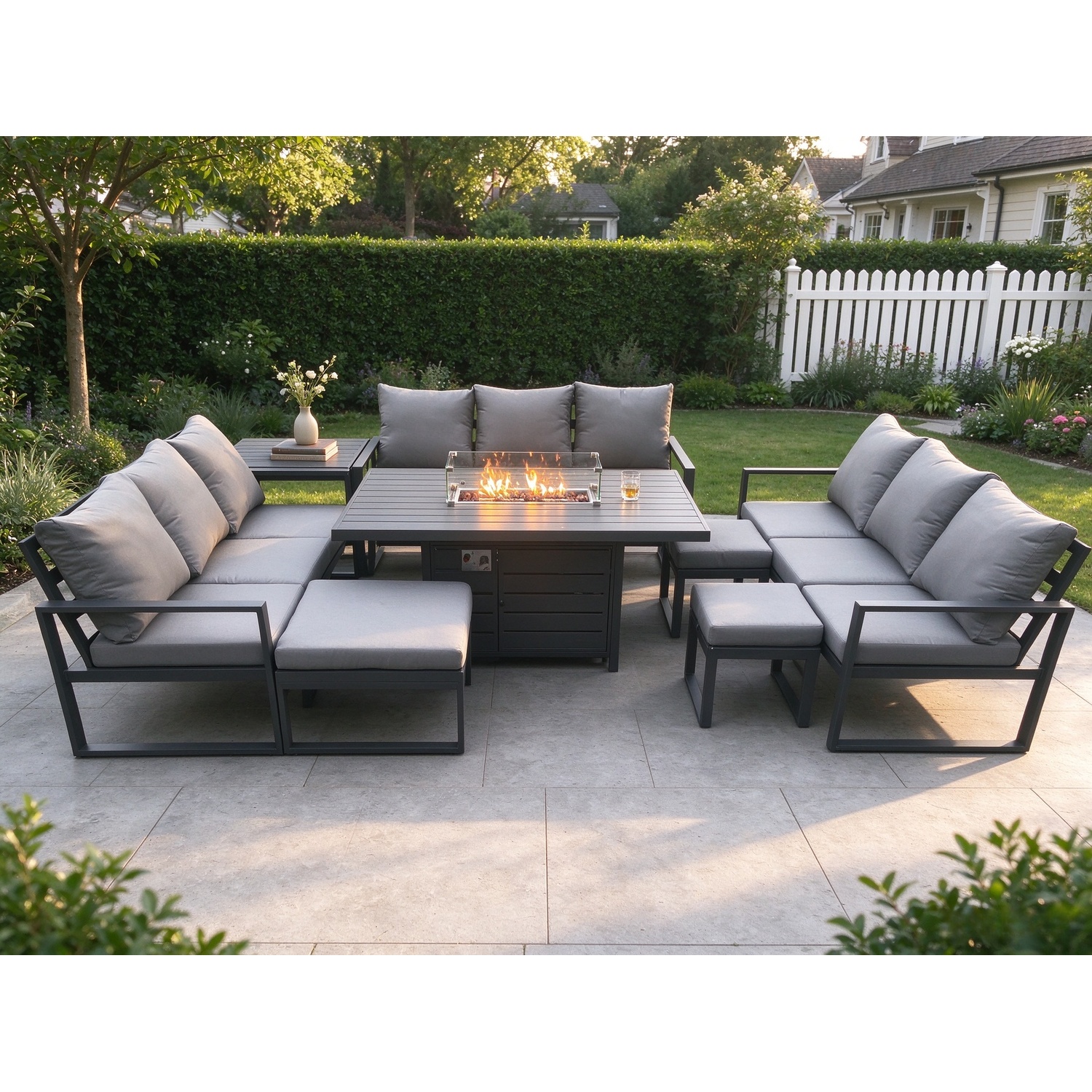 Fimous Unisex Dark Grey Aluminium Garden Furniture Outdoor Set Patio Lounge Sofa Gas Fire Pit Dining Table Set With Footstools Side Table Size 3 - Image 2