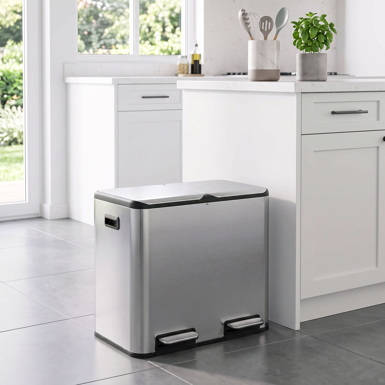 Homcom (S) Kitchen Bin, Stainless Steel Recycling Bin, Silver Tone - Image 3