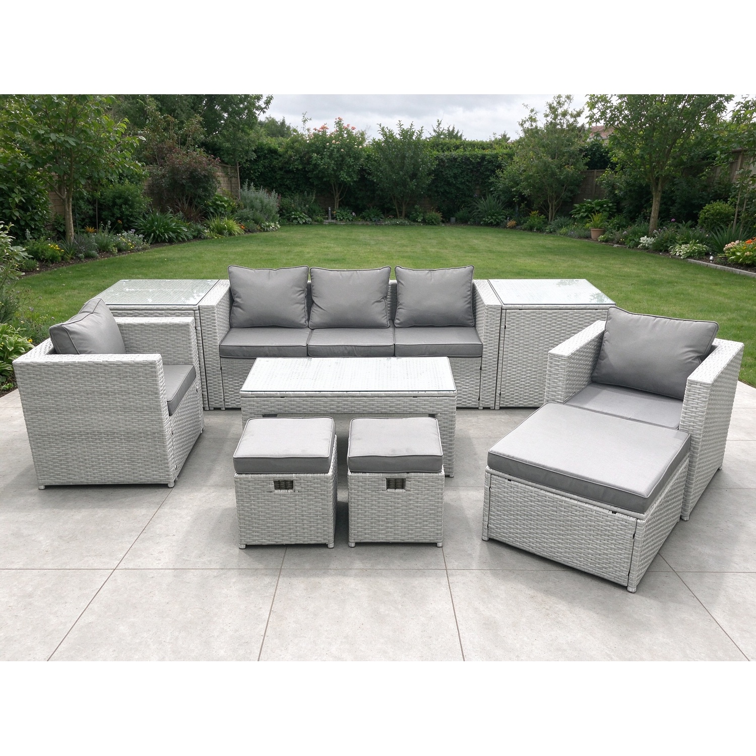 Rackhams Light/Grey Rattan Garden Furniture Set 8 Seater Outdoor Garden Sofa Oblong Coffee Table Set With 2 Chairs 3 Stools 2 Side Tables Mixed - Image 2
