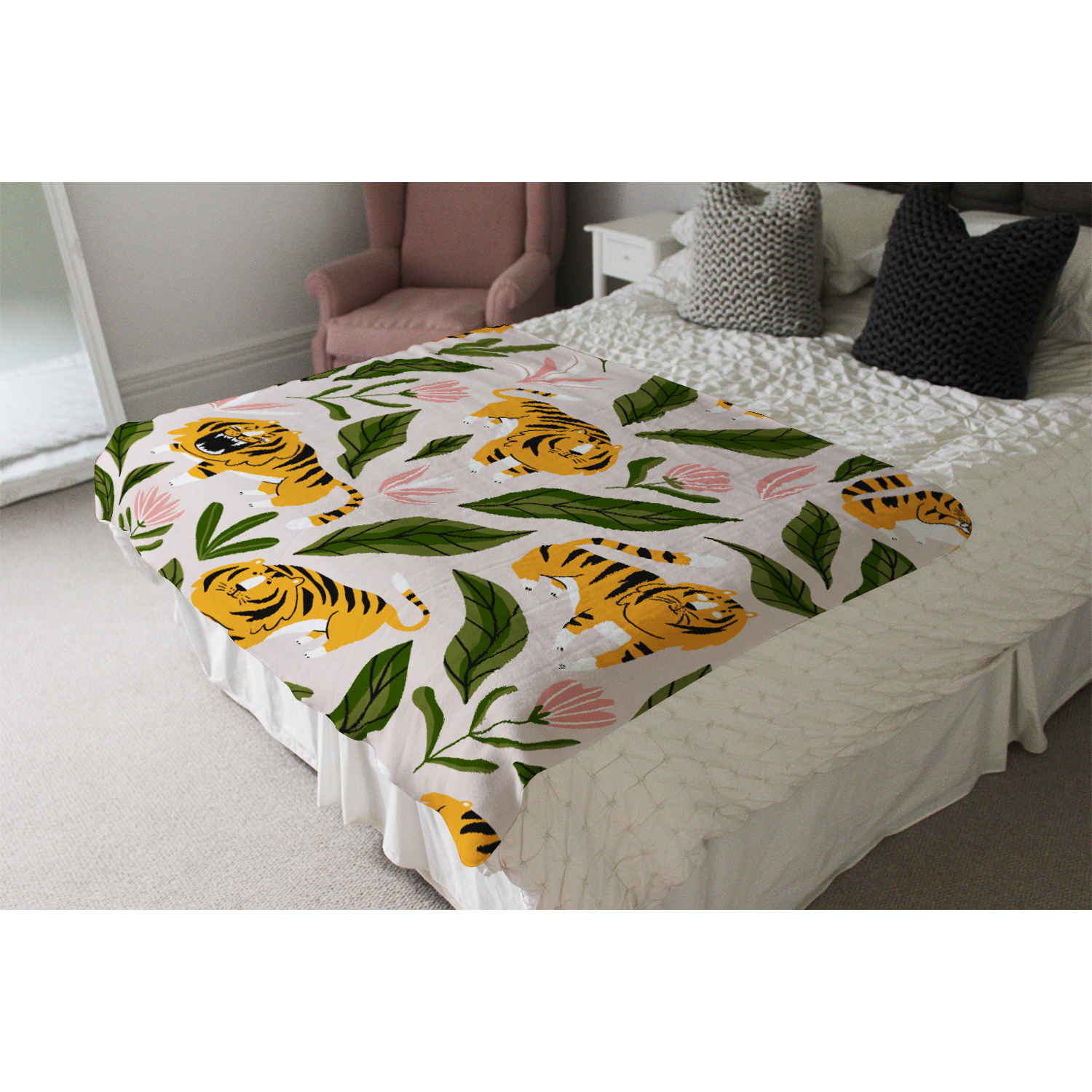 Cute Tigers And Tropical Leaves And Flowers Blanket - Yellow