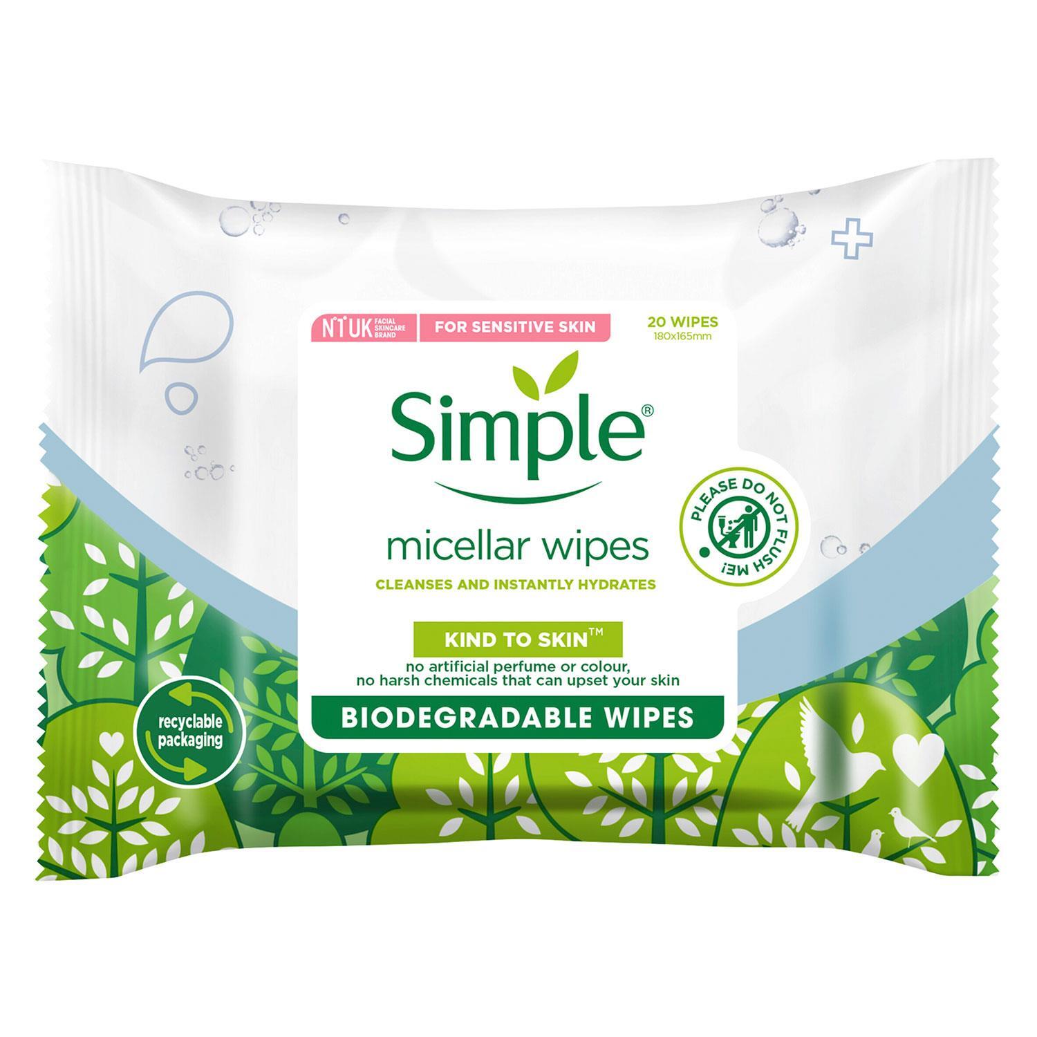 Simple Biodegradable Micellar Wipes with Glycerin and Pro-Vitamin B5 - White / 10