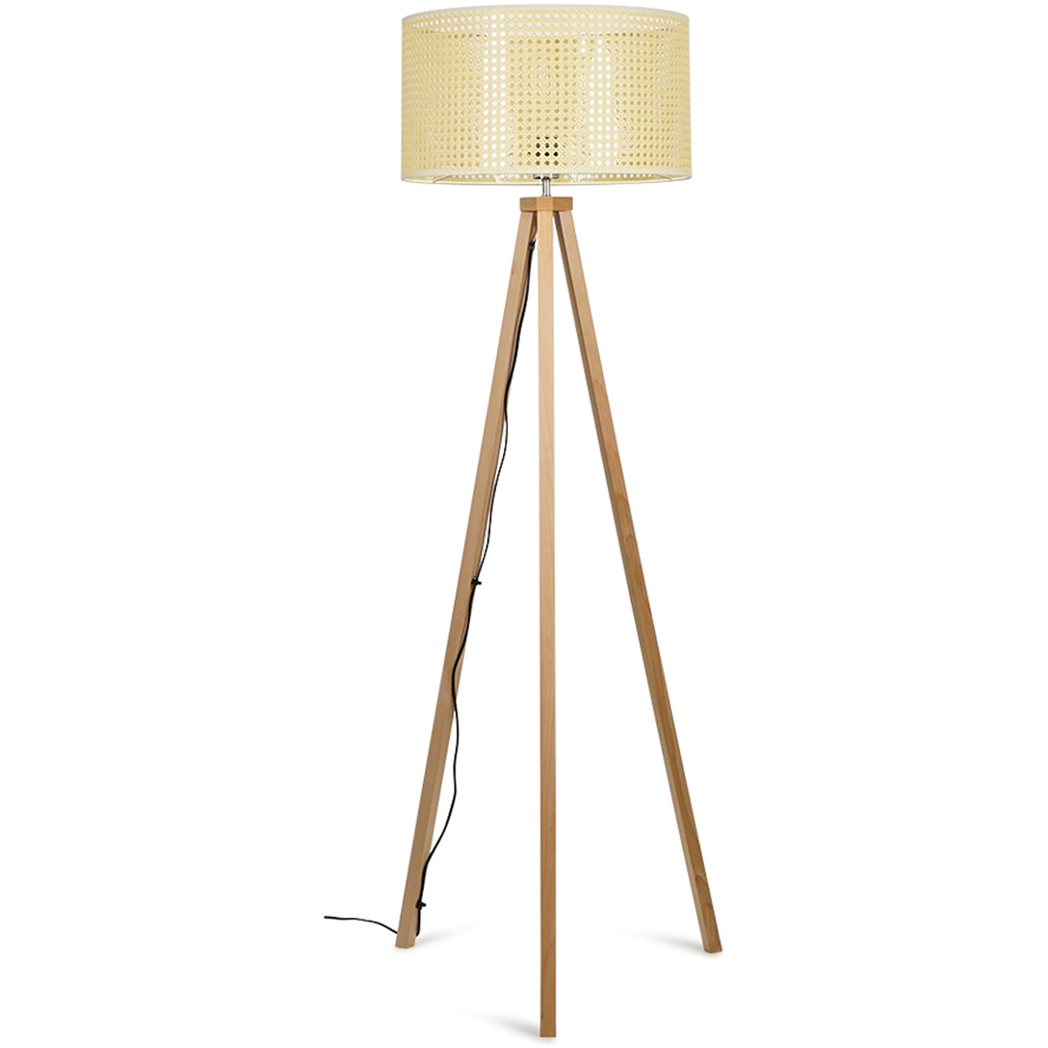 Light Wood Tripod Design Floor Lamp With Cream Woven Rattan Wicker Effect Shade - Beige