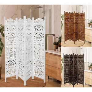 4 Panel Heavy Carved Room Divider Wooden Screen Leaves