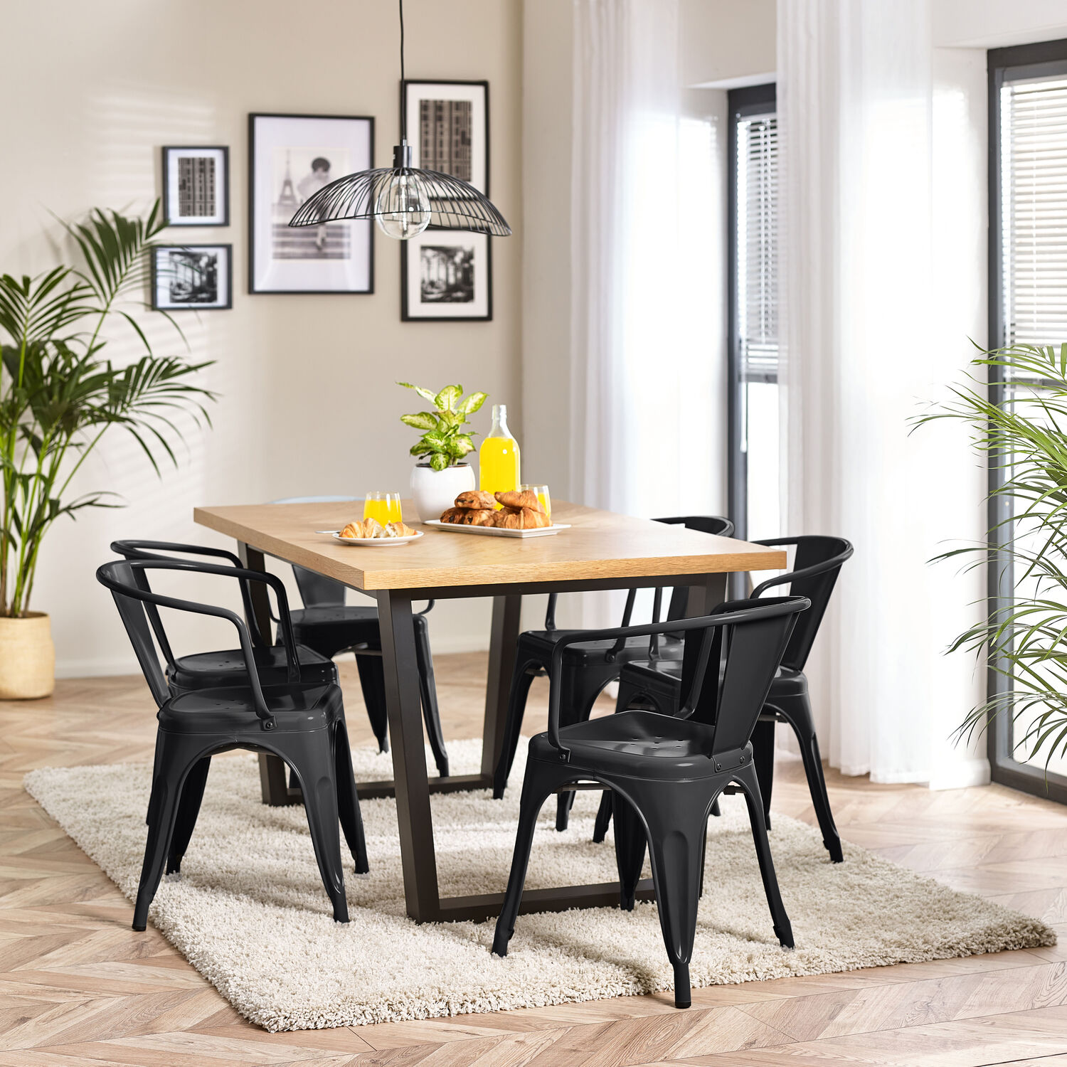FurnitureboxUK - Cotswold Oak Black Leg Dining Table And 4 Colton Metal Arm Dining Chairs - Black thumbnail