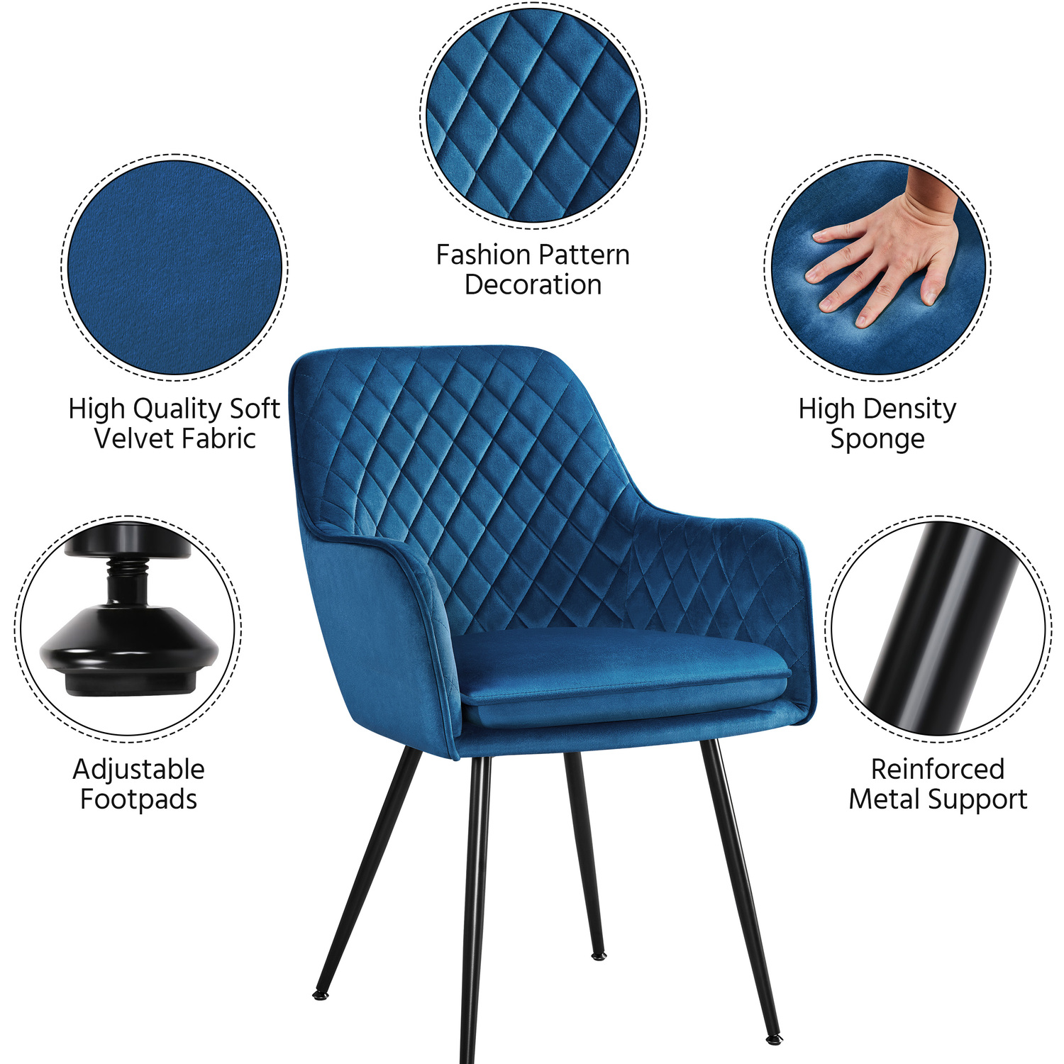Yaheetech 2pcs Velvet Fabric Dining Chairs Kitchen Chairs - Blue