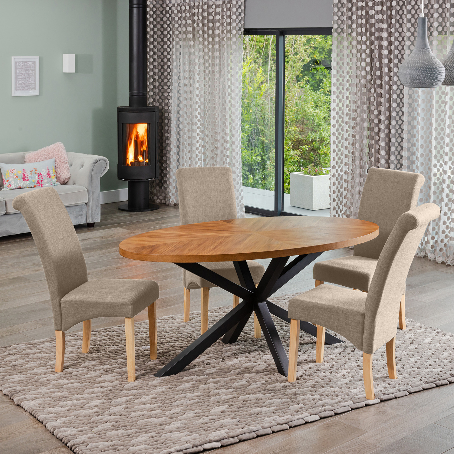 Dosenna Oval Dining Table Set with 4 Rimini Fabric Chairs - Light Brown thumbnail
