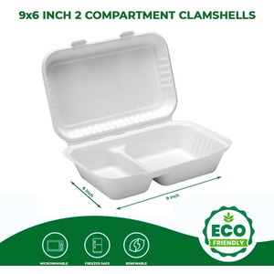 2 Compartment Disposable Bagasse Clamshell Takeaway Boxes