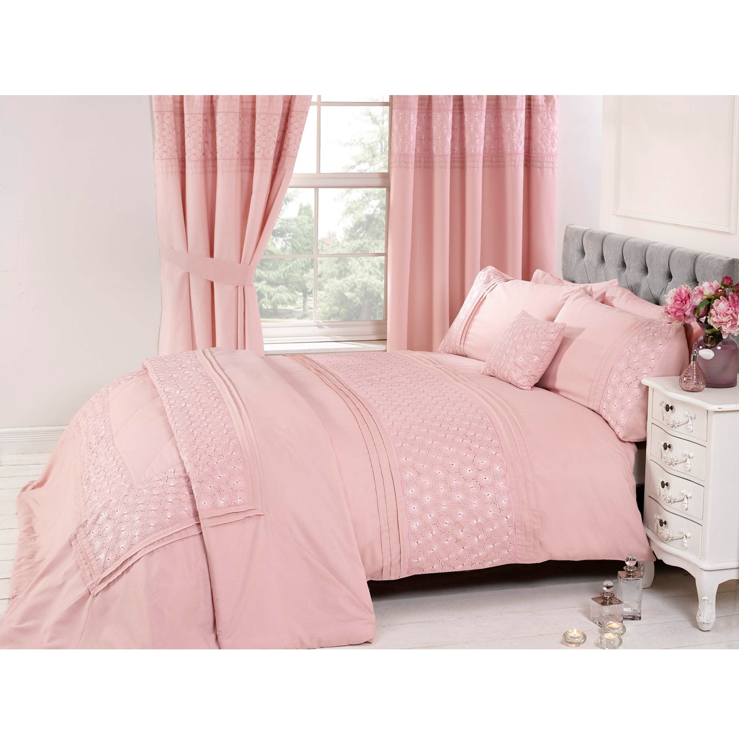Everdean Polycotton Embroidered Duvet Set With Pillowcase - Pink King