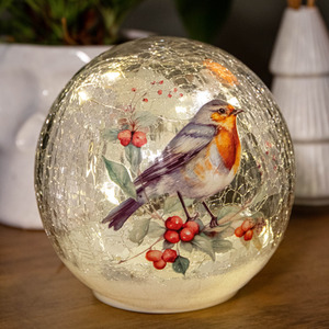Light up Robin Crackle Glass Ball with 15 LEDs