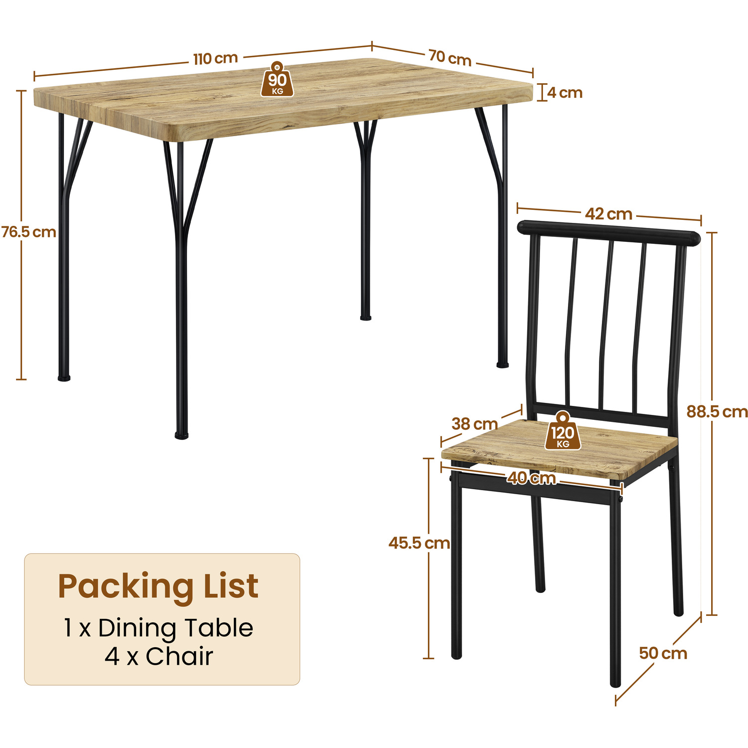 Set Of 5 Rectangular Dining Table Set - Brown