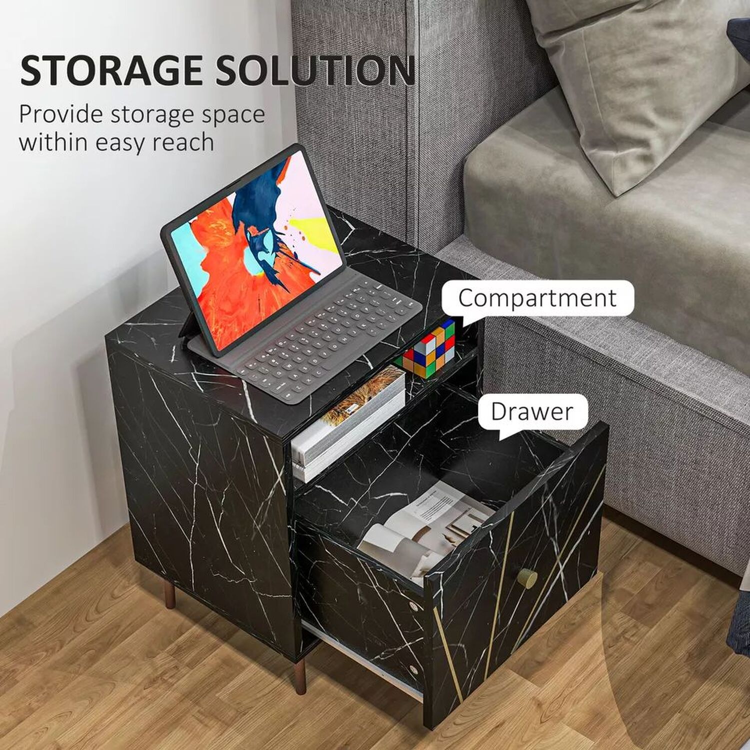 Marble Effect Bedside Table With Storage