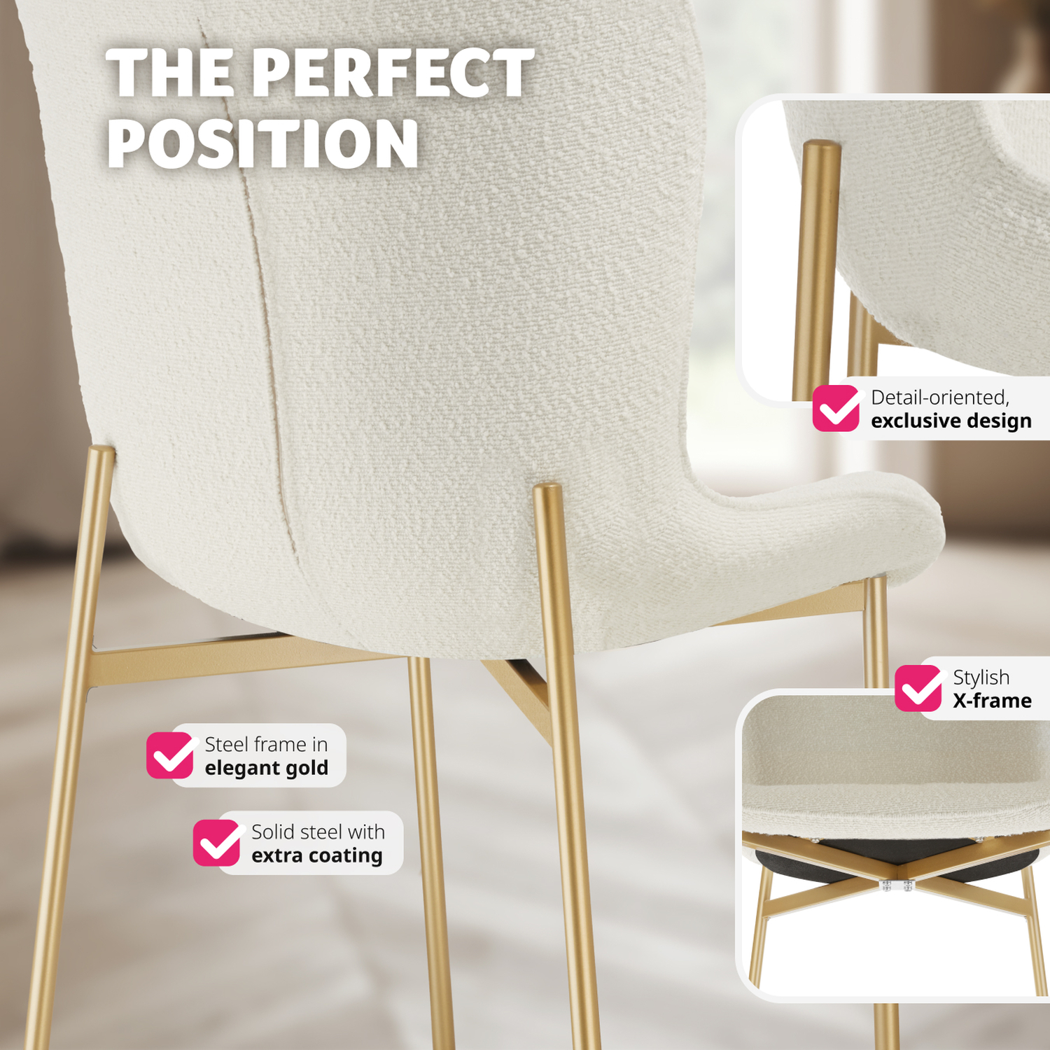 Dining Chair Tessa - Ergonomic High Backrest - Boucle White Gold 4