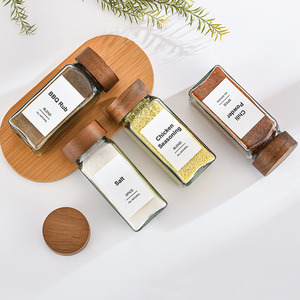 Glass Wooden Lid Spice Jar with Funnel and Sticky Labels