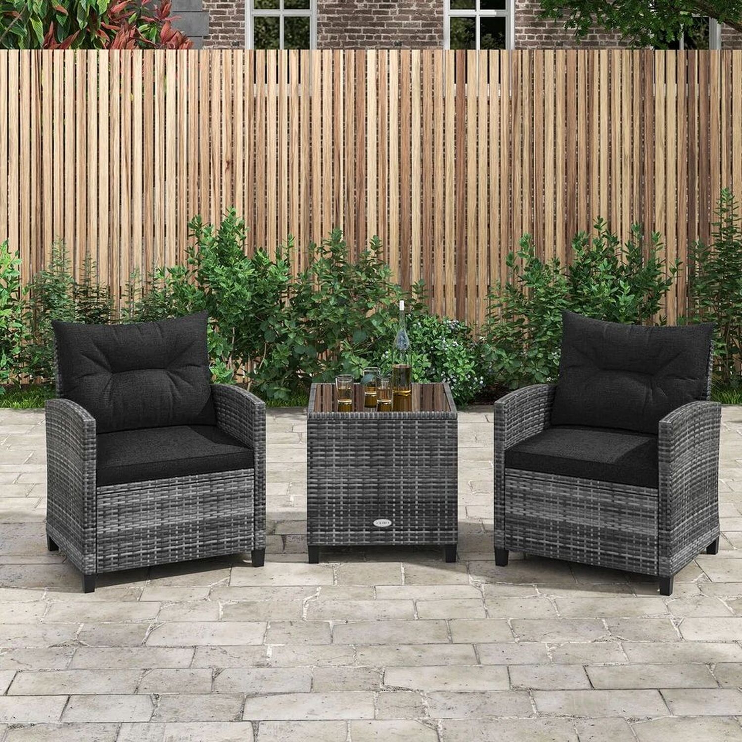 3 Piece Patio Rattan Chair And Table Set Outdoor Wicker Bistro - Grey