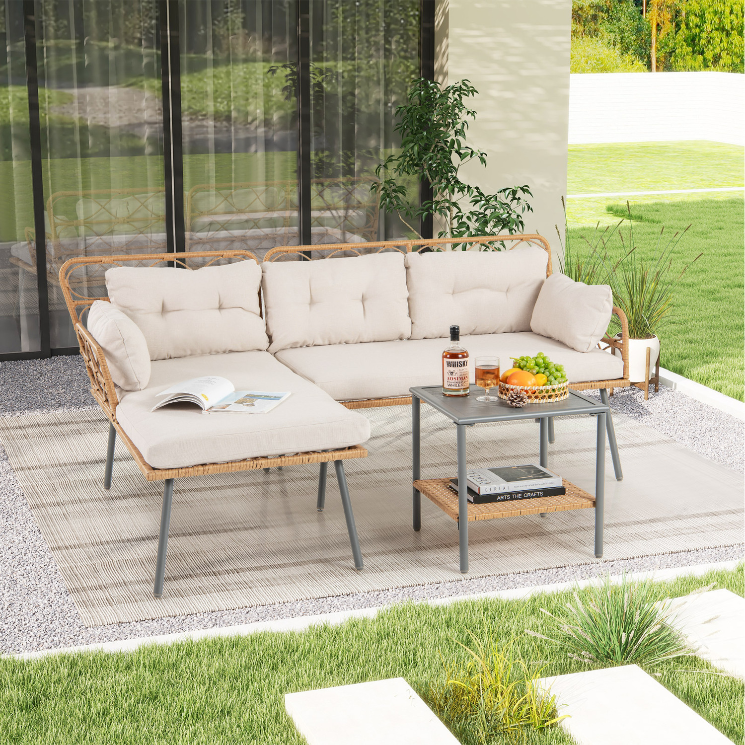 3 Pieces Cushioned Sofa Set With Coffee Table - Beige