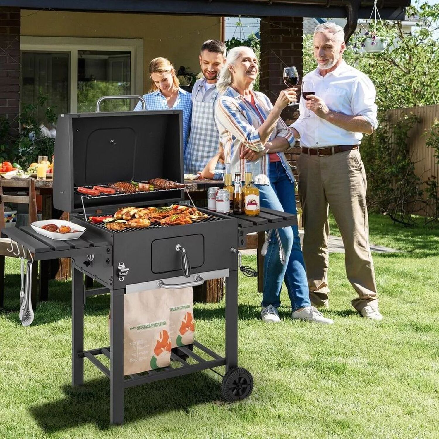 Bbq Smoker With Wheels And 2 Foldable Side Shelves - Black