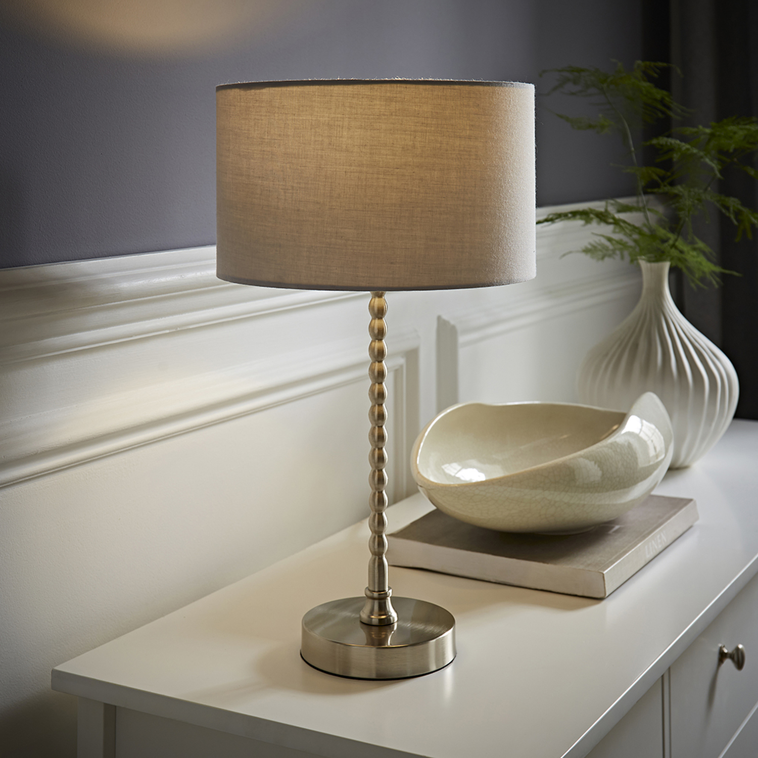 Maeve Brushed Chrome Bobble Table Lamp with Fabric Drum Shade and LED Bulb - Grey