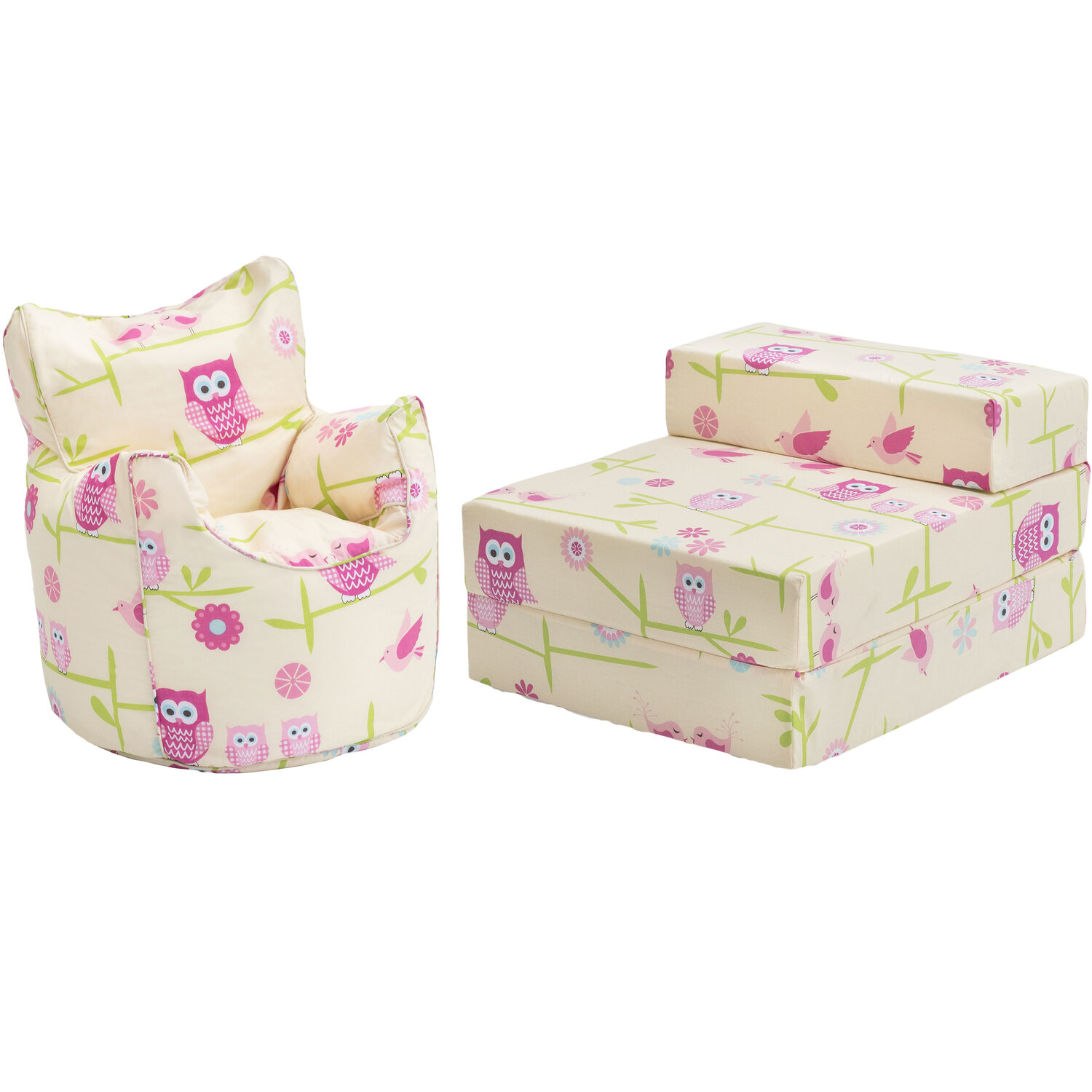 Printed Kids Bean Bag Armchair And Folding Z Bed Mattress - Owls