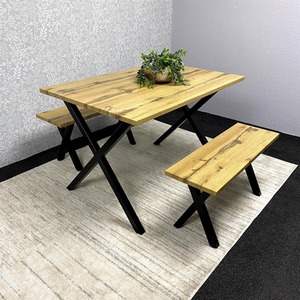 Iron X Shape Table and Two Benches Set of 3