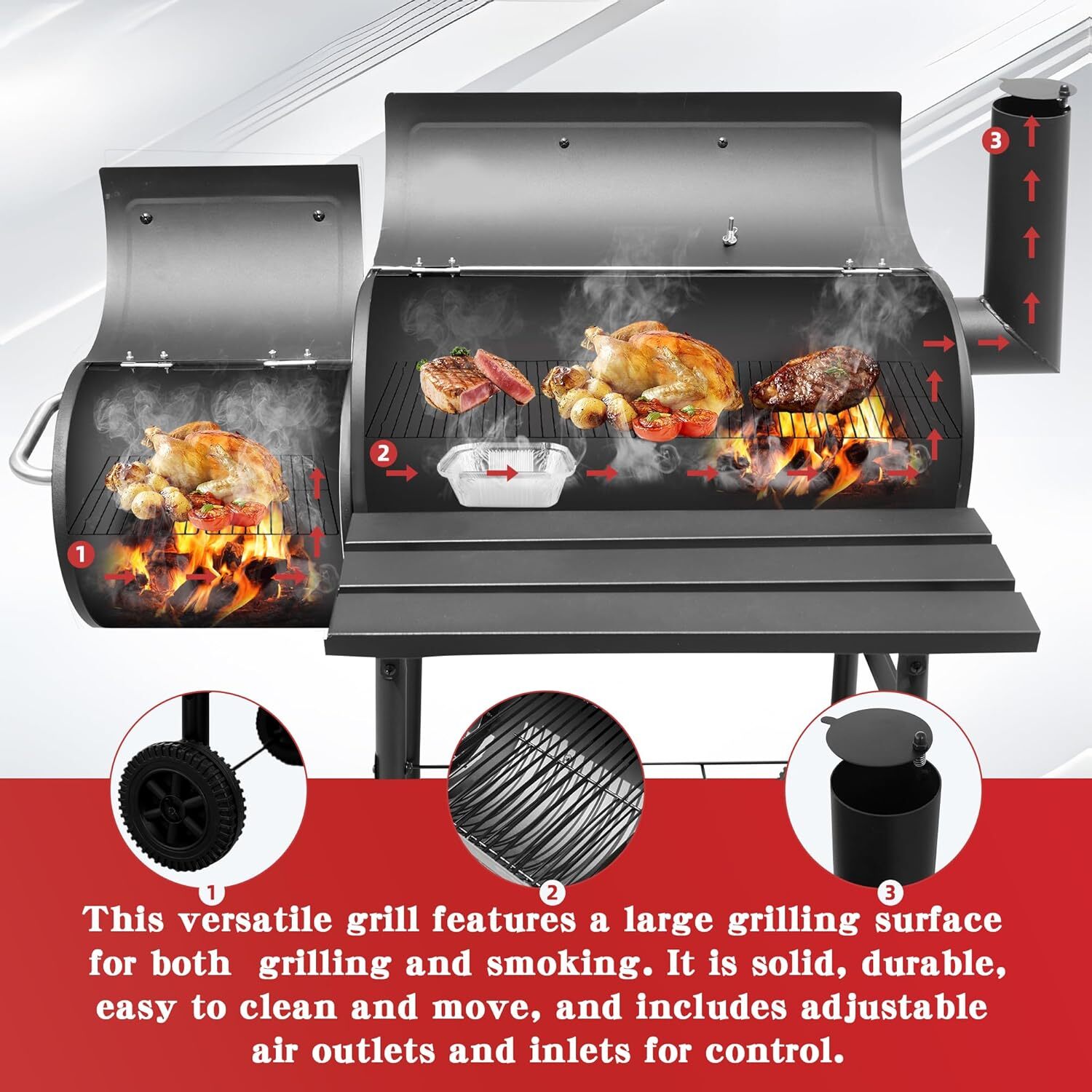 Large Charcoal Bbq Grill With Offset Smoker - Black