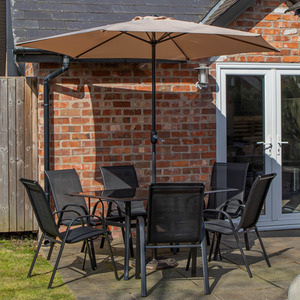 6 Person Rectangular Glass Top Patio Table Chairs with Beige Parasol and Base