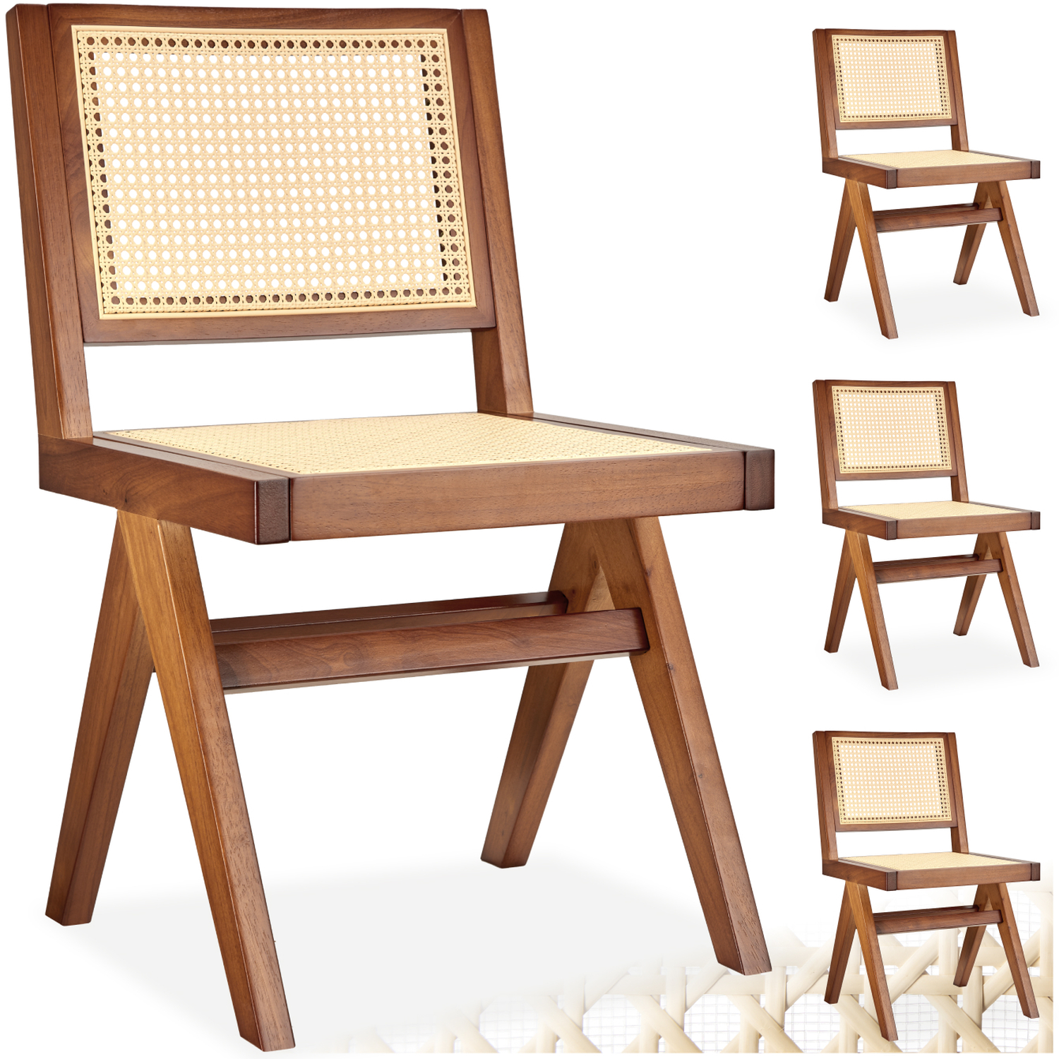Dining Chair With Rattan Backrest And Solid Wood Frame - Dark Oak 83cm 4