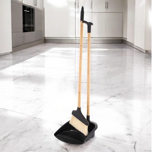 Long Handled Bamboo Tube Floor Dust Pan and Broom Brush Set Upright Sweeper 73cm