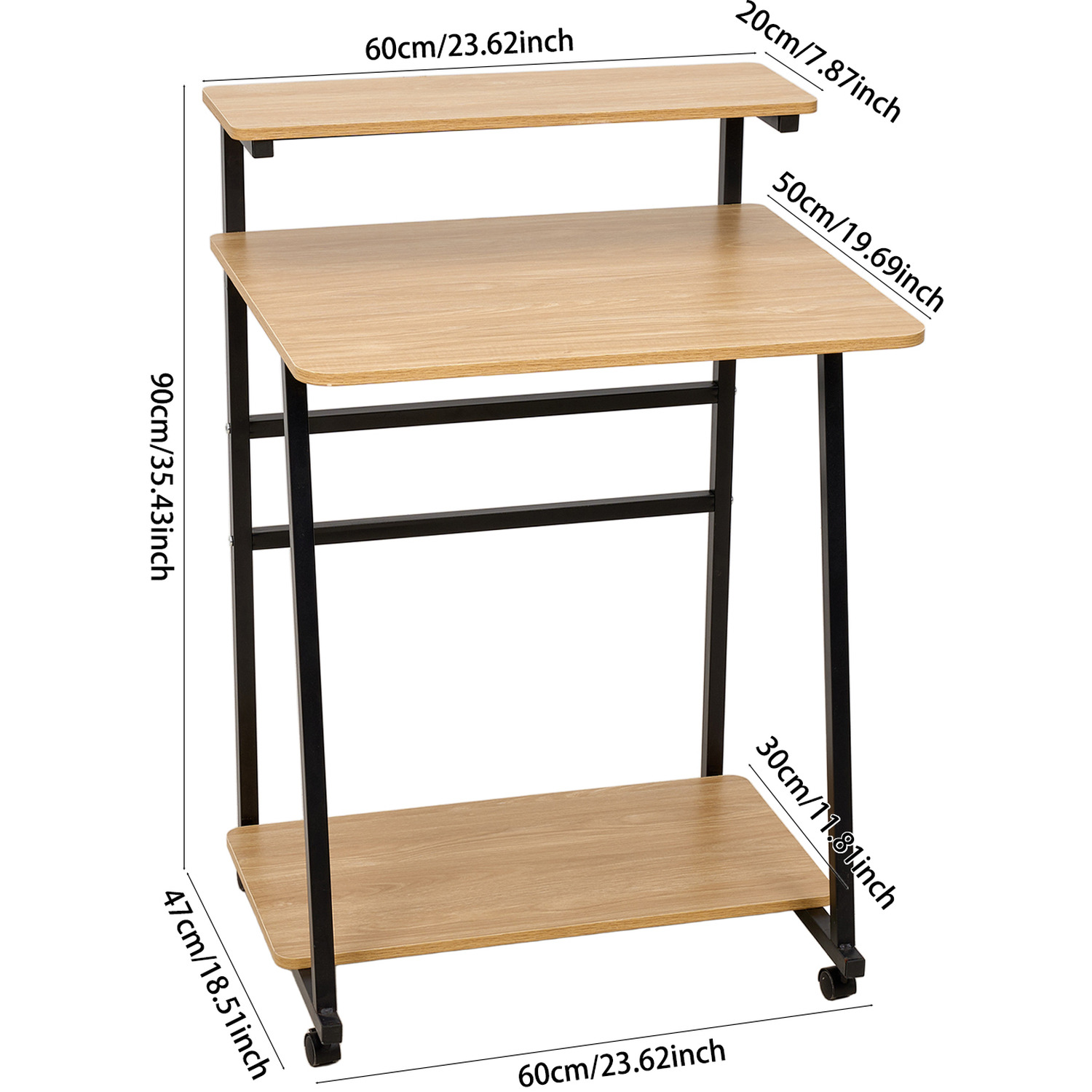 3-tier Computer Desk With Wheels - Wood