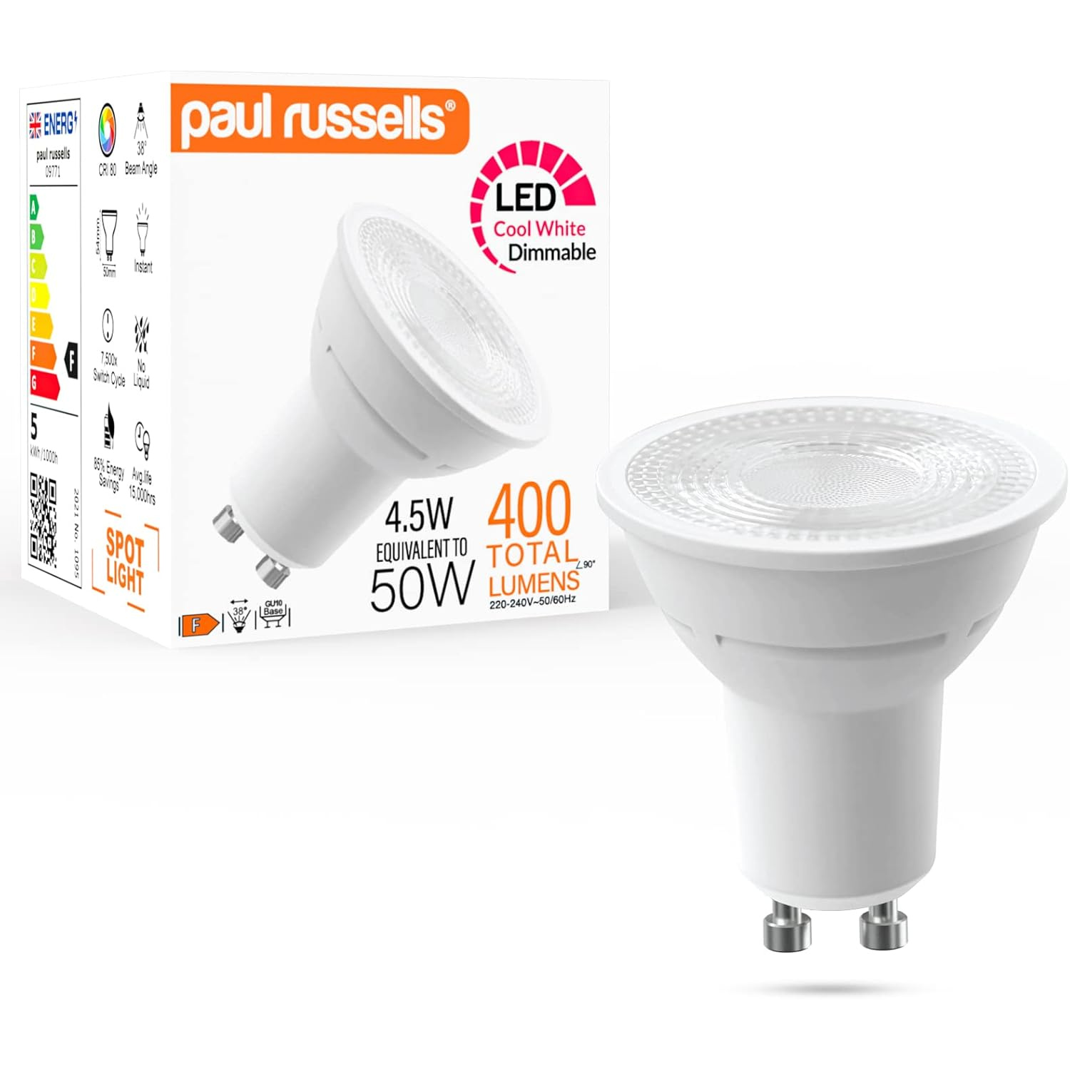 Image of 4.5W LED GU10,Plastic,400lm, 38 Degree, Dimmable,&hellip;