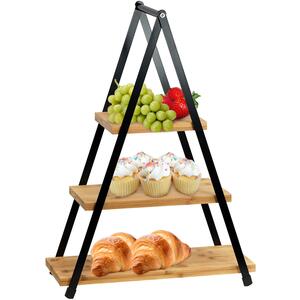 3 Tier Bamboo Serving Tray Wooden Display Rack with Carry Handle