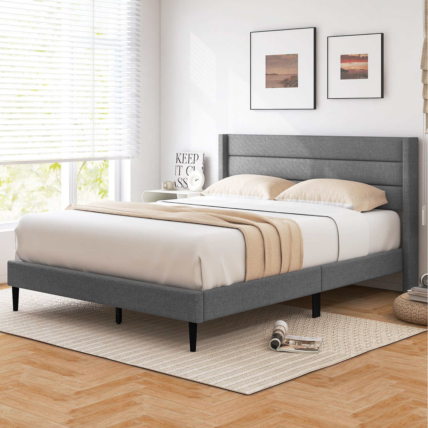 Linen Upholstered Platform Bed - Grey Double