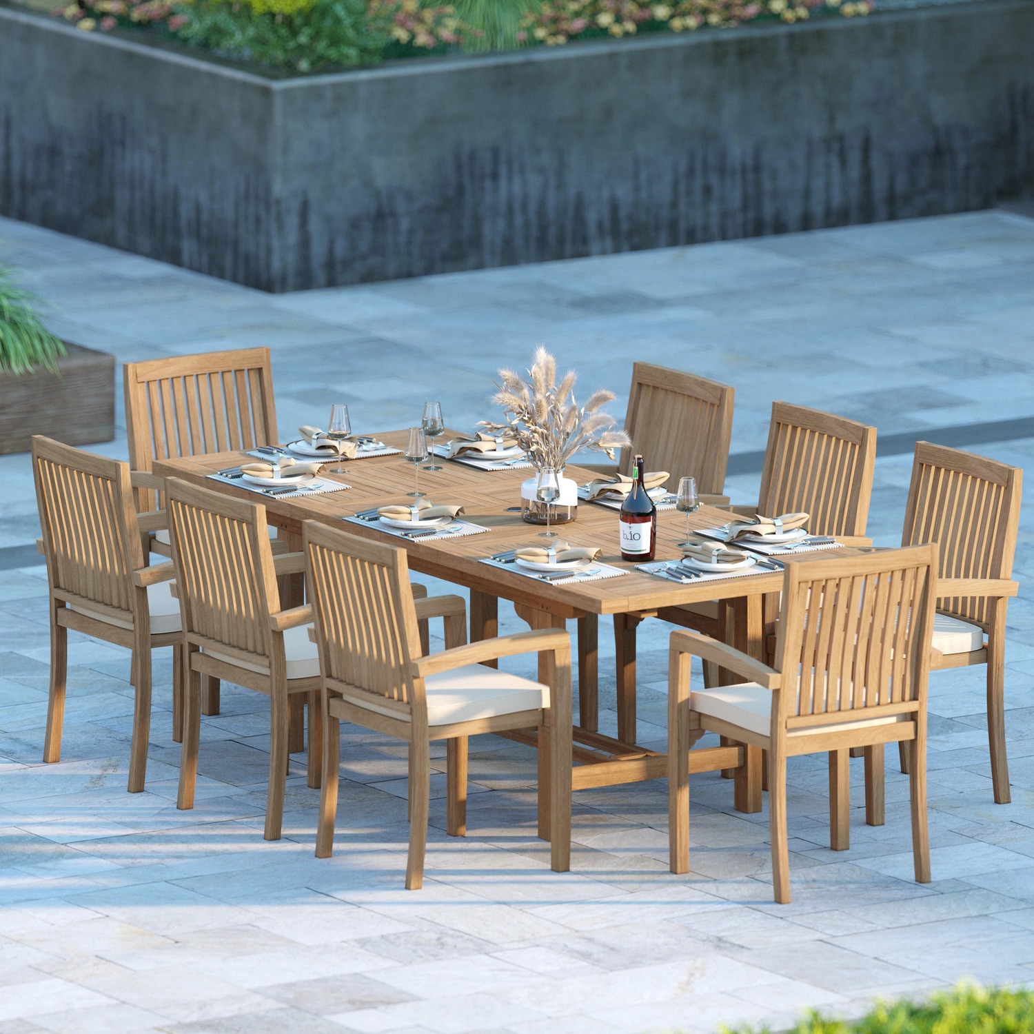 Duchy Teak Garden Dining Table And 8 Seat Chair Set - Teak Table 8 Chairs Green Cushions