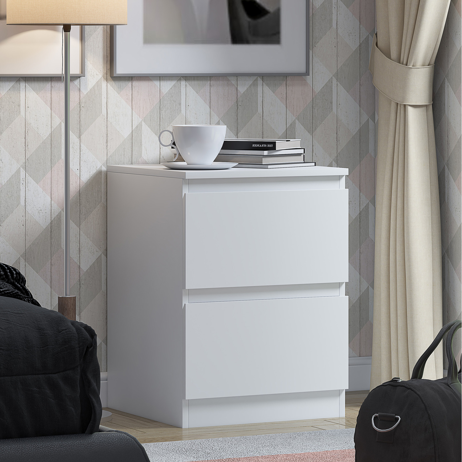 Fwstyle Large 2 Drawer Deep Nightstand Bedside Scratch Resistance Matt Finish - White