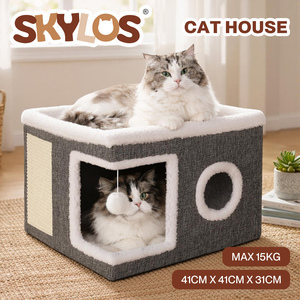 Skylos Cat House Indoor Cat Cave with Scratch Pad and Fluffy Ball