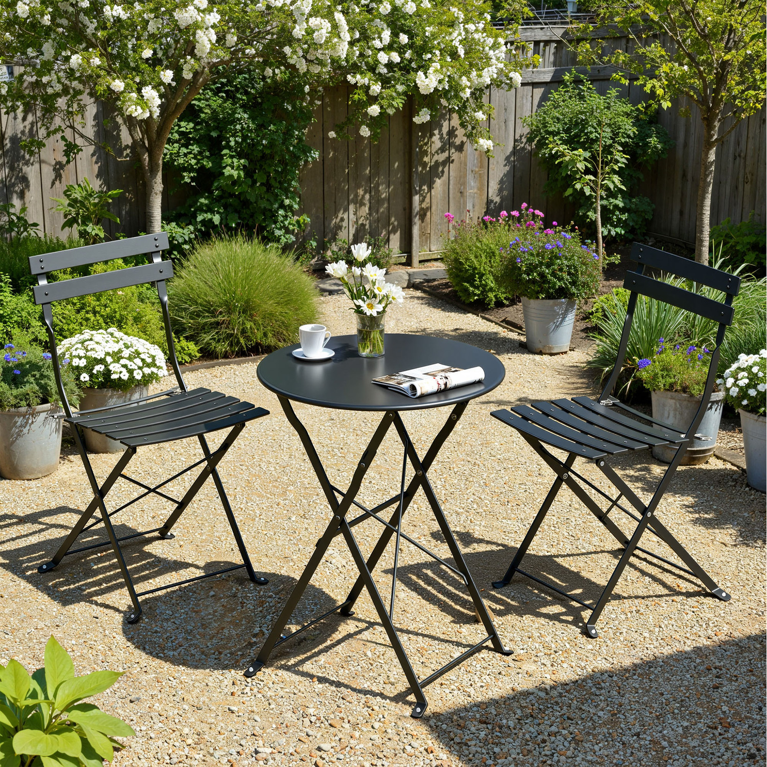 Patio Table and Chairs Set, 3-Piece Folding Bistro Furniture, for Garden - Black