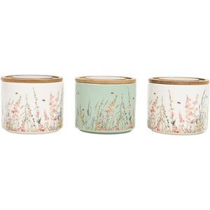 Set of 3 Floral Bees Stacking Canisters with Bamboo Lid