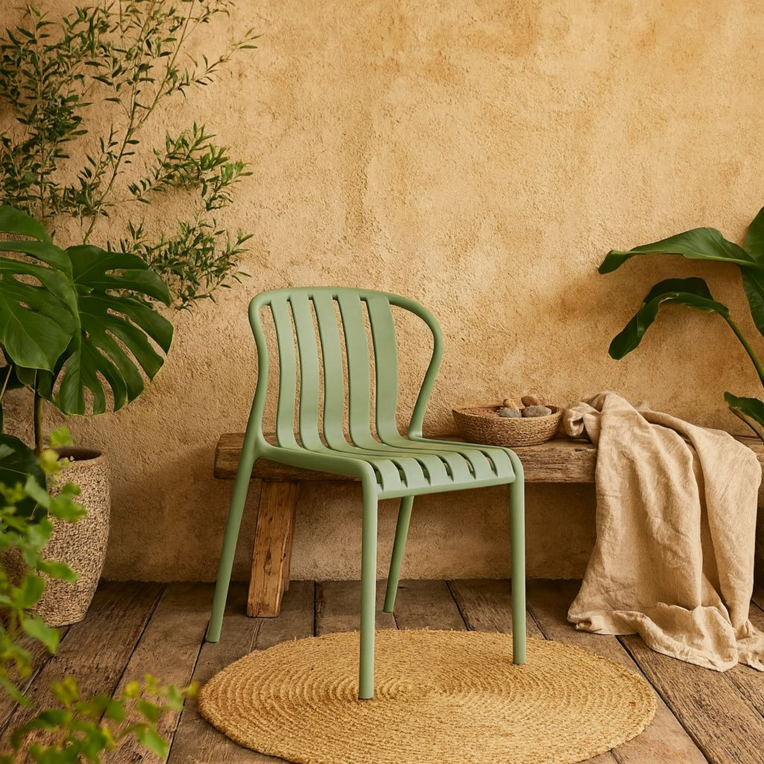 Wyld Haus Ollioules Sage Green Slatted Outdoor Dining Chair with Armrest - Grey