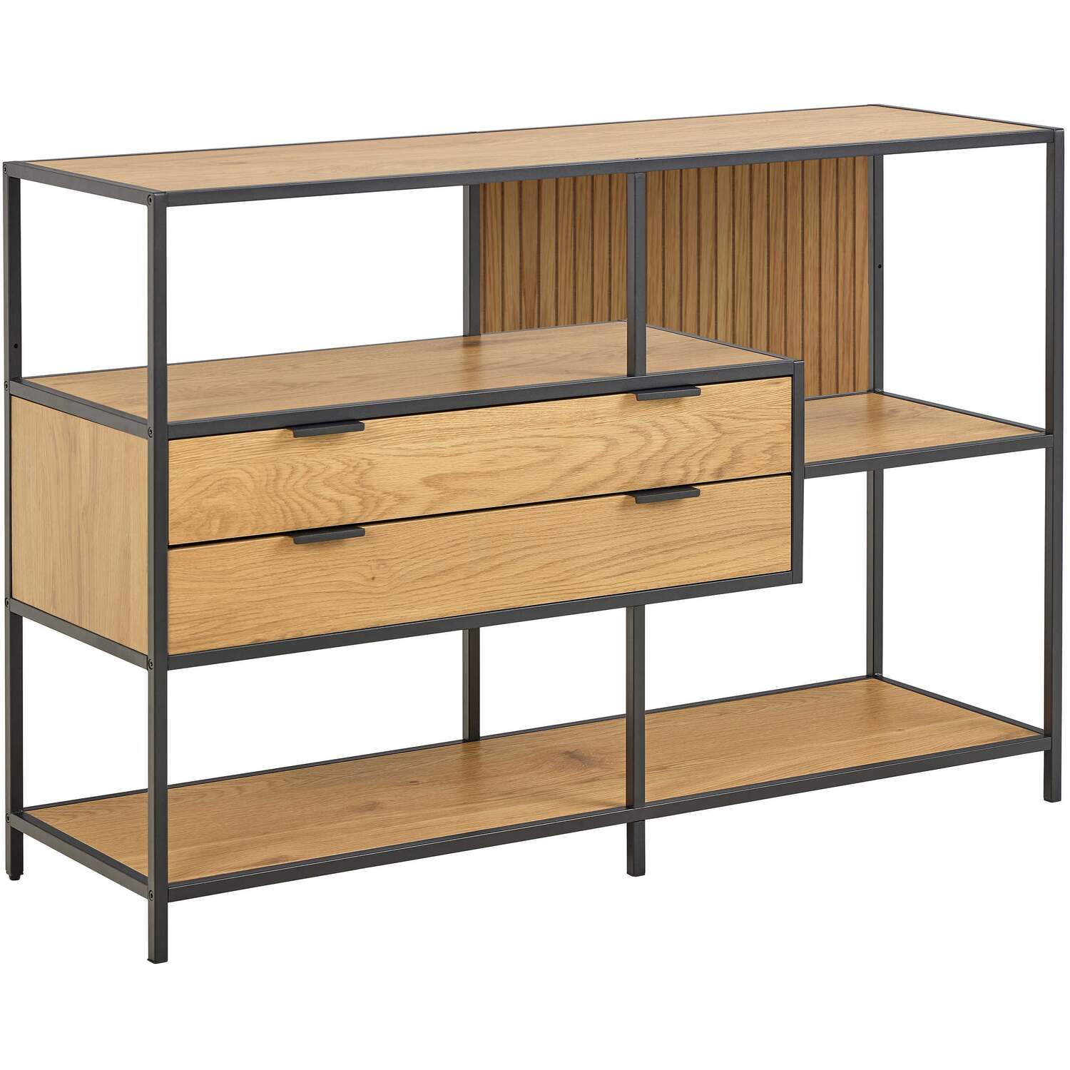 Galway Oak-Effect Bookcase with Black Metal Frame, 3 Shelves and 2 Drawers - Natural