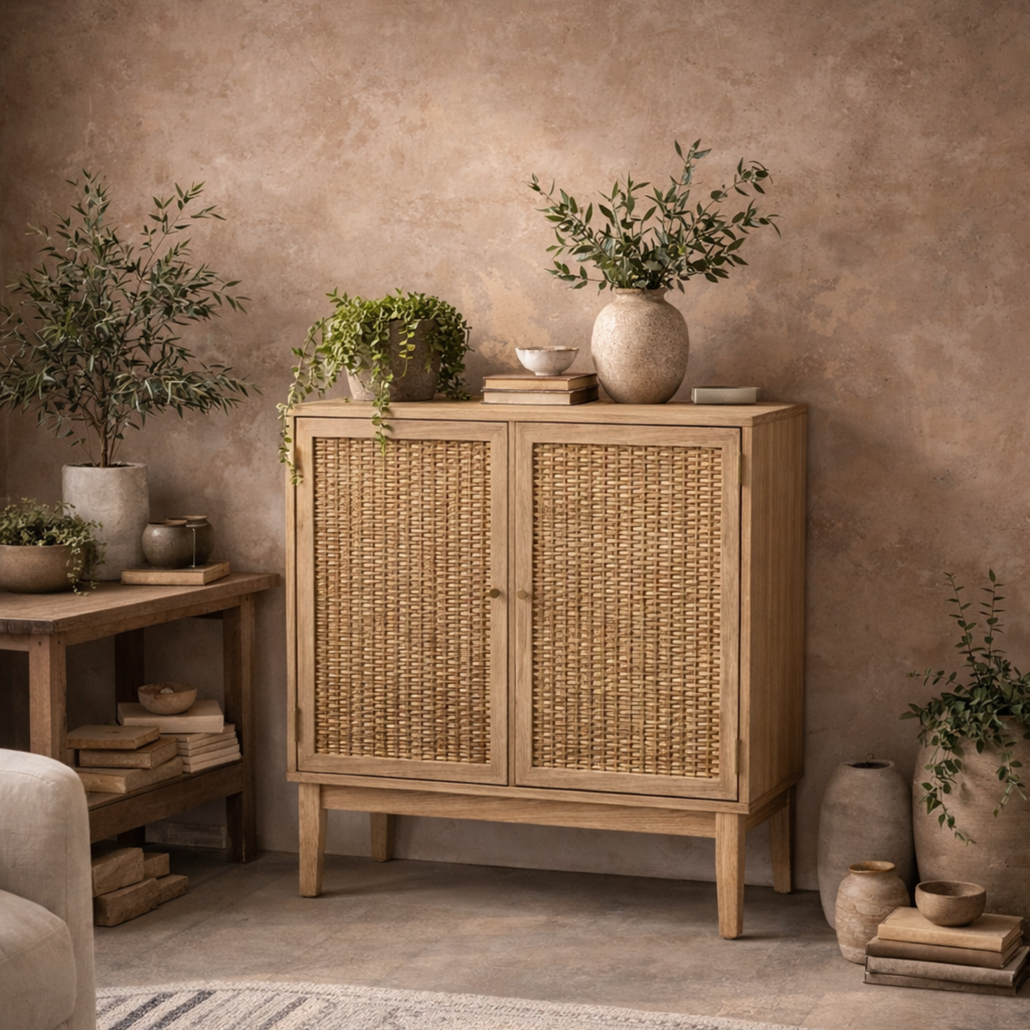 Wyld Haus Waterford Oak & Rattan 2-Drawer Small Sideboard - Natural