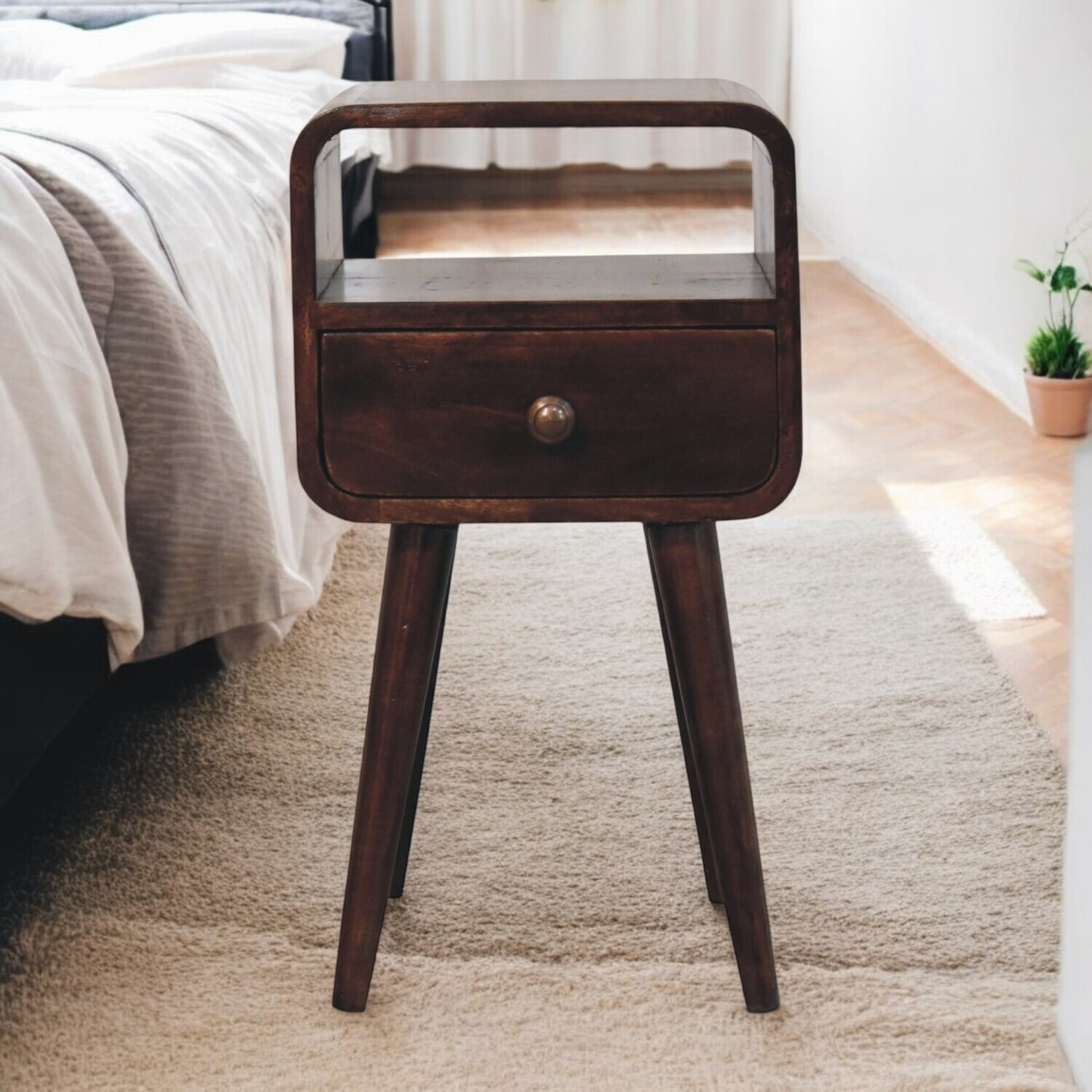 Solid Wood Mini California Walnut Curved Bedside with Open Slot - Brown