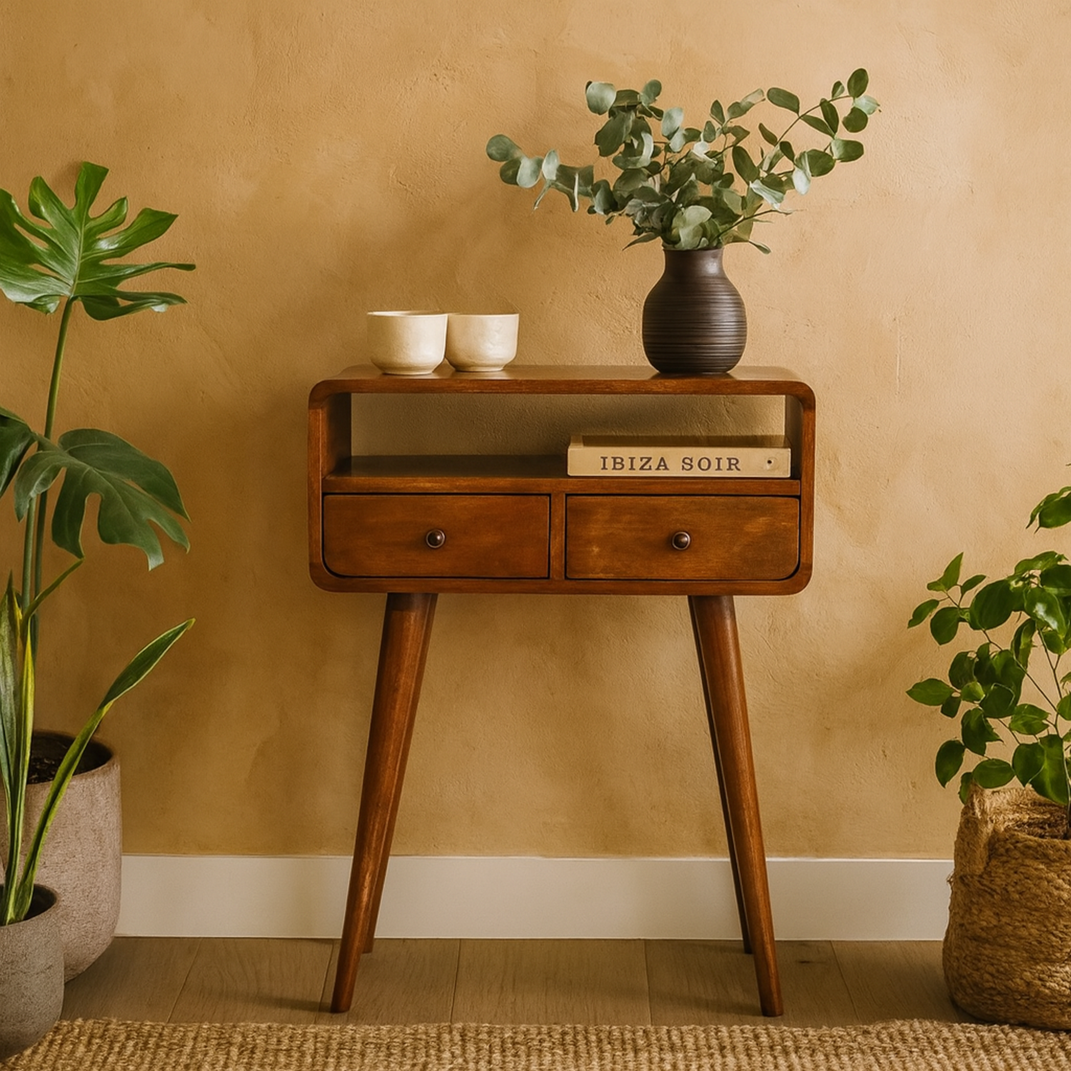 Venzone Mini Chestnut Console Table Solid Mango Wood 2 Drawers Open Shelf - Brown