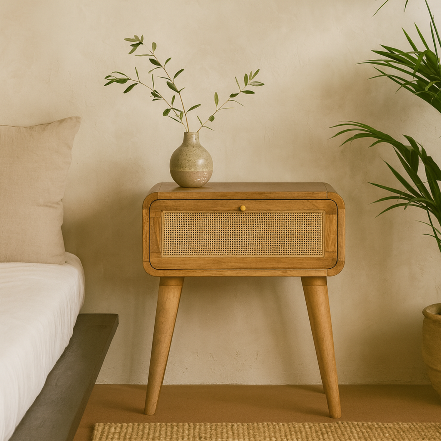 Desenzano Boho Mango Wood Bedside Table with Woven Rattan Drawer - Brown