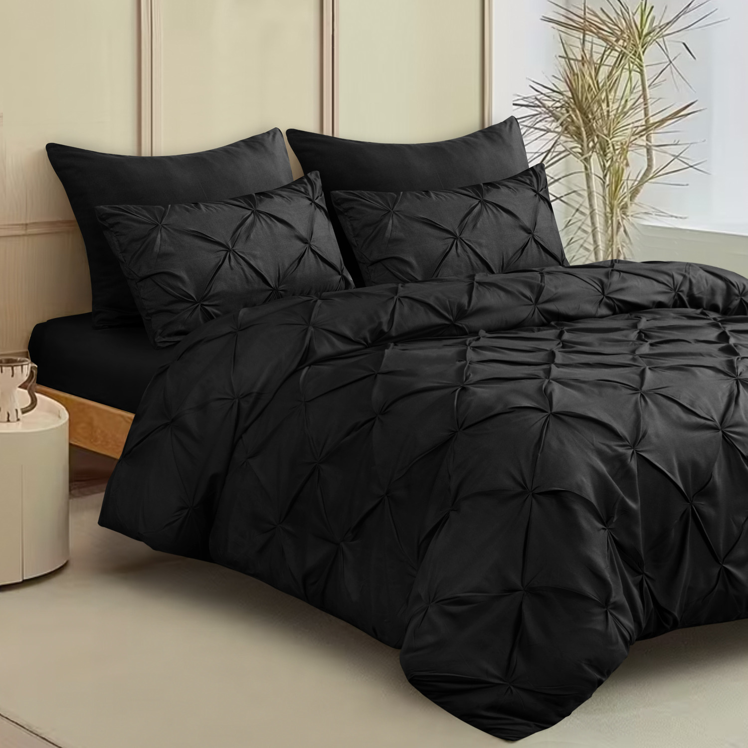Elegant Pintuck Duvet Cover Set - Black Double