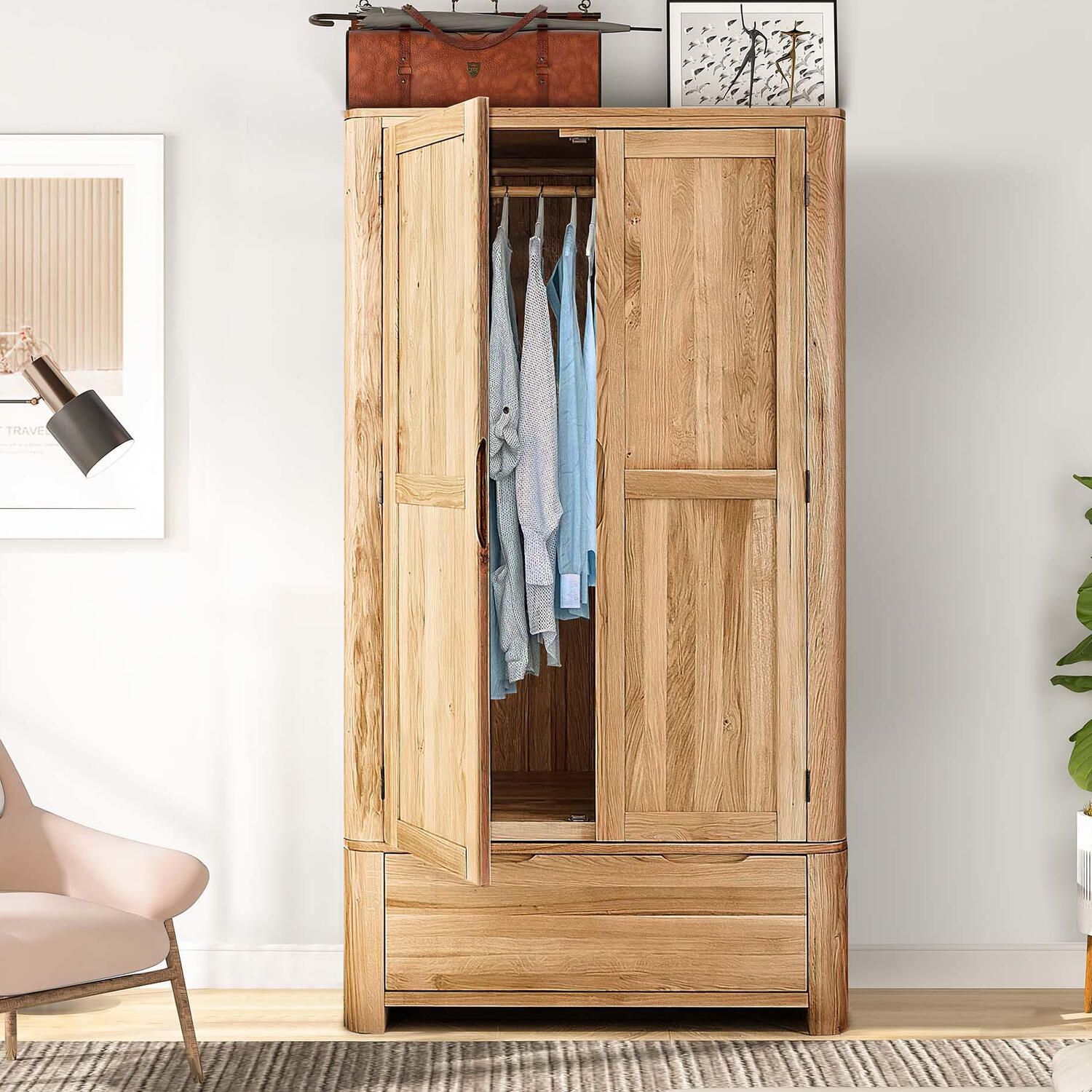 Oak Effect 2 Drawer Wardrobe - Oak