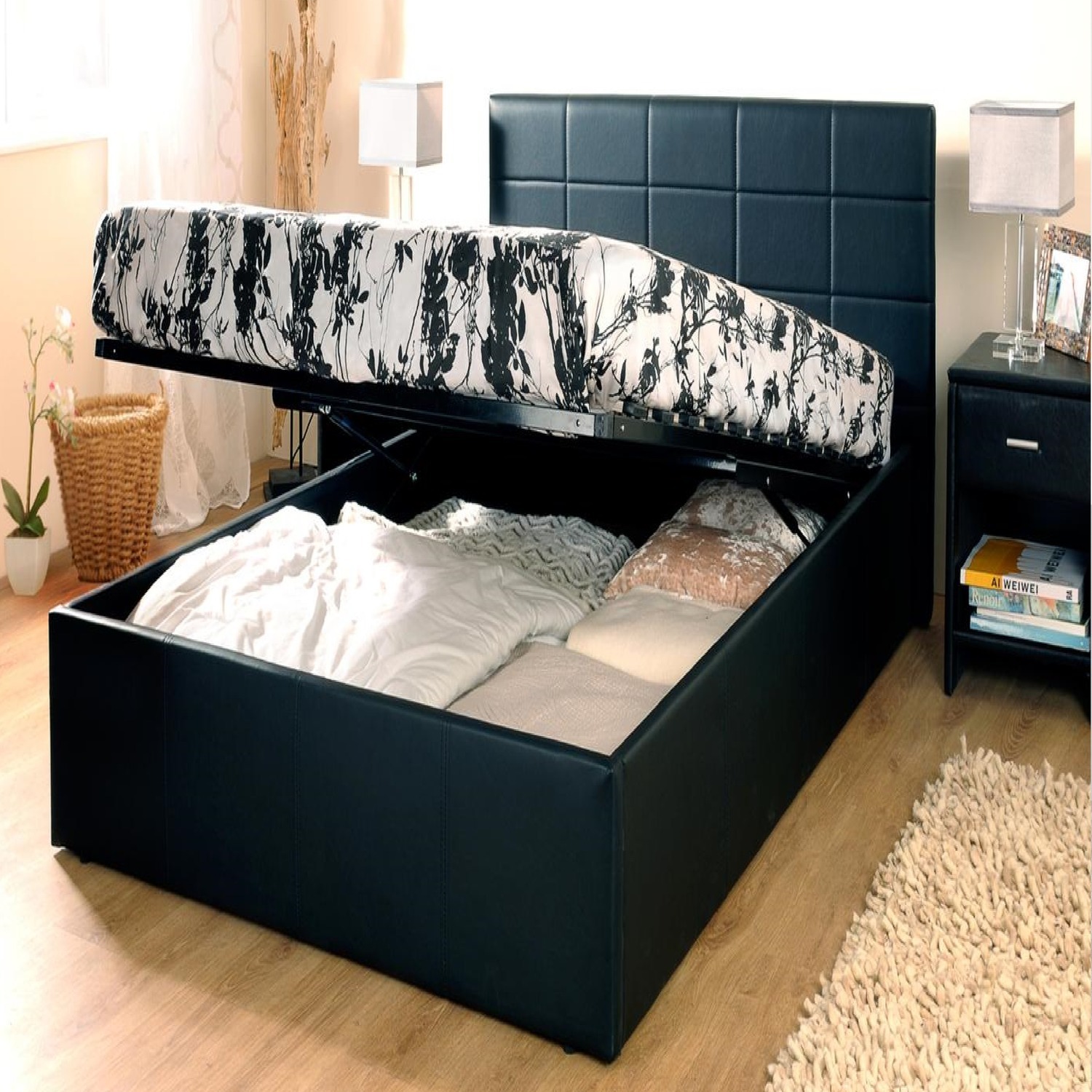 Black Faux Leather Gas Lift Ottoman Bed - Black King
