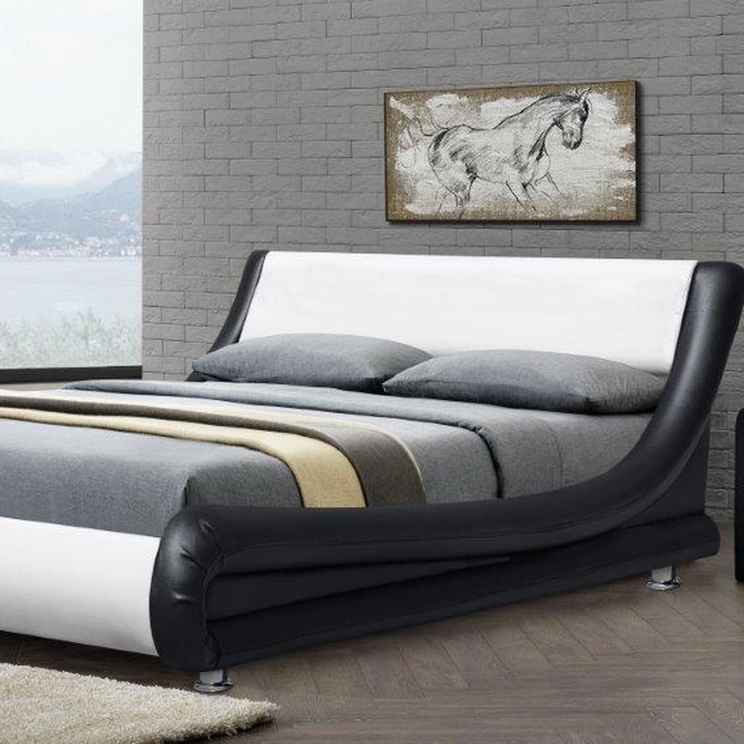 Italian Designer Faux Leather Bed Frame In Black and White - Black / King