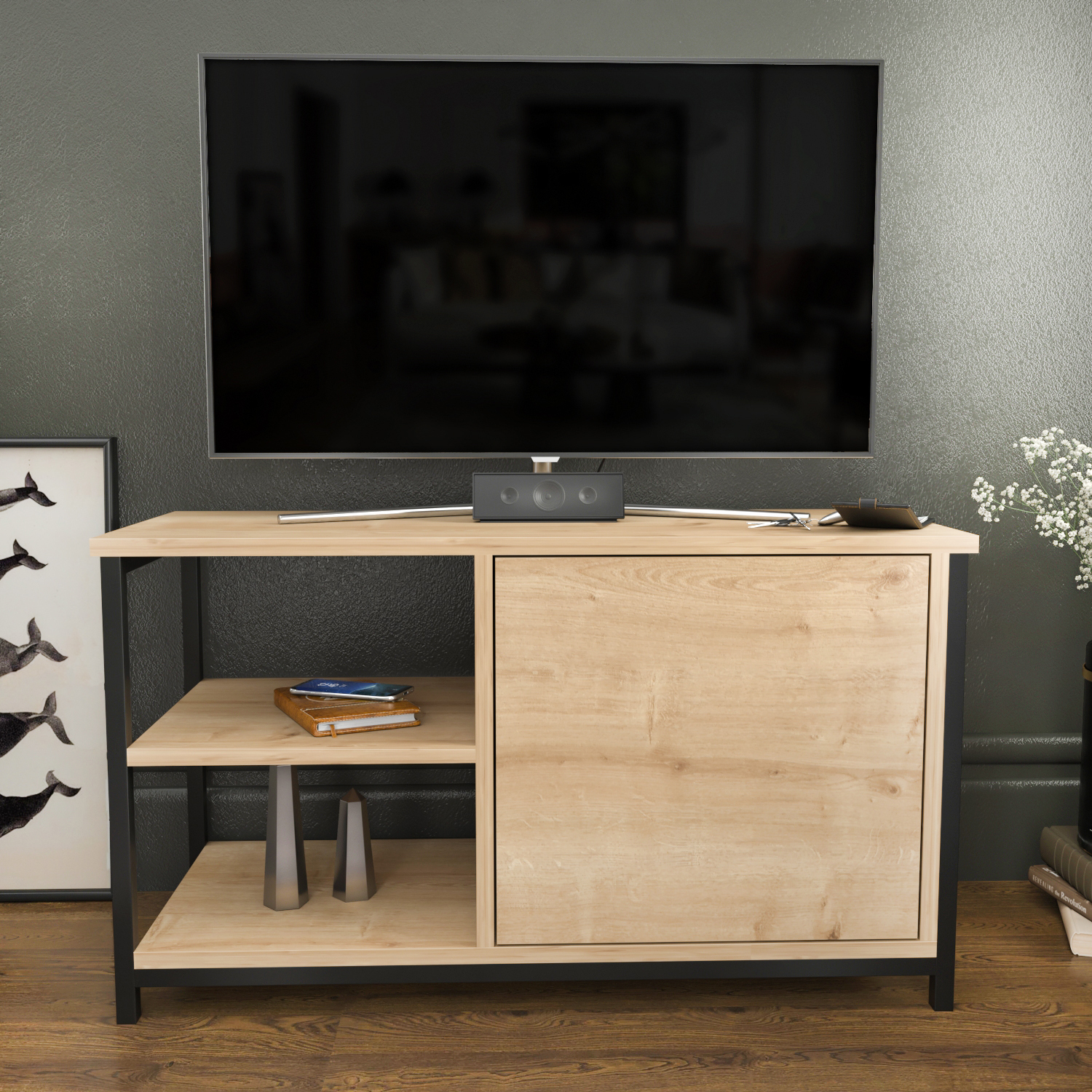Muskegon TV Unit - Black / Sapphire Oak